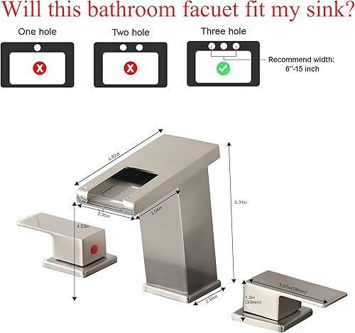 Miniatura 3 de Grifo de baño, grifo de baño de 3 agujeros, grifo de cascada, grifo de tocador de baño, grifo de lavabo de baño para 3 agujeros con luz LED con