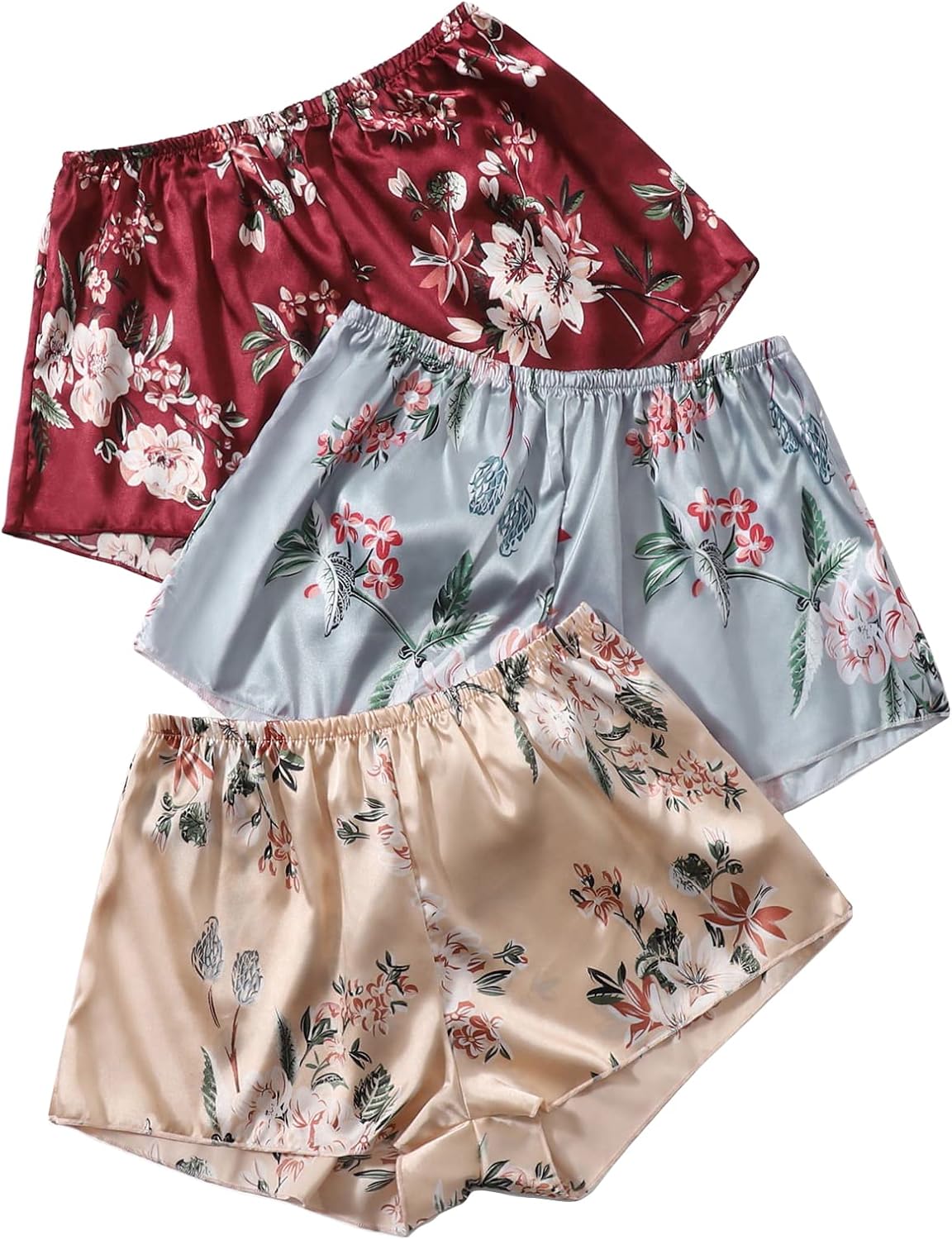 OYOANGLE Women's 3 Pieces Floral Print Satin Sleep Pajama Shorts Loungewear Shorts
