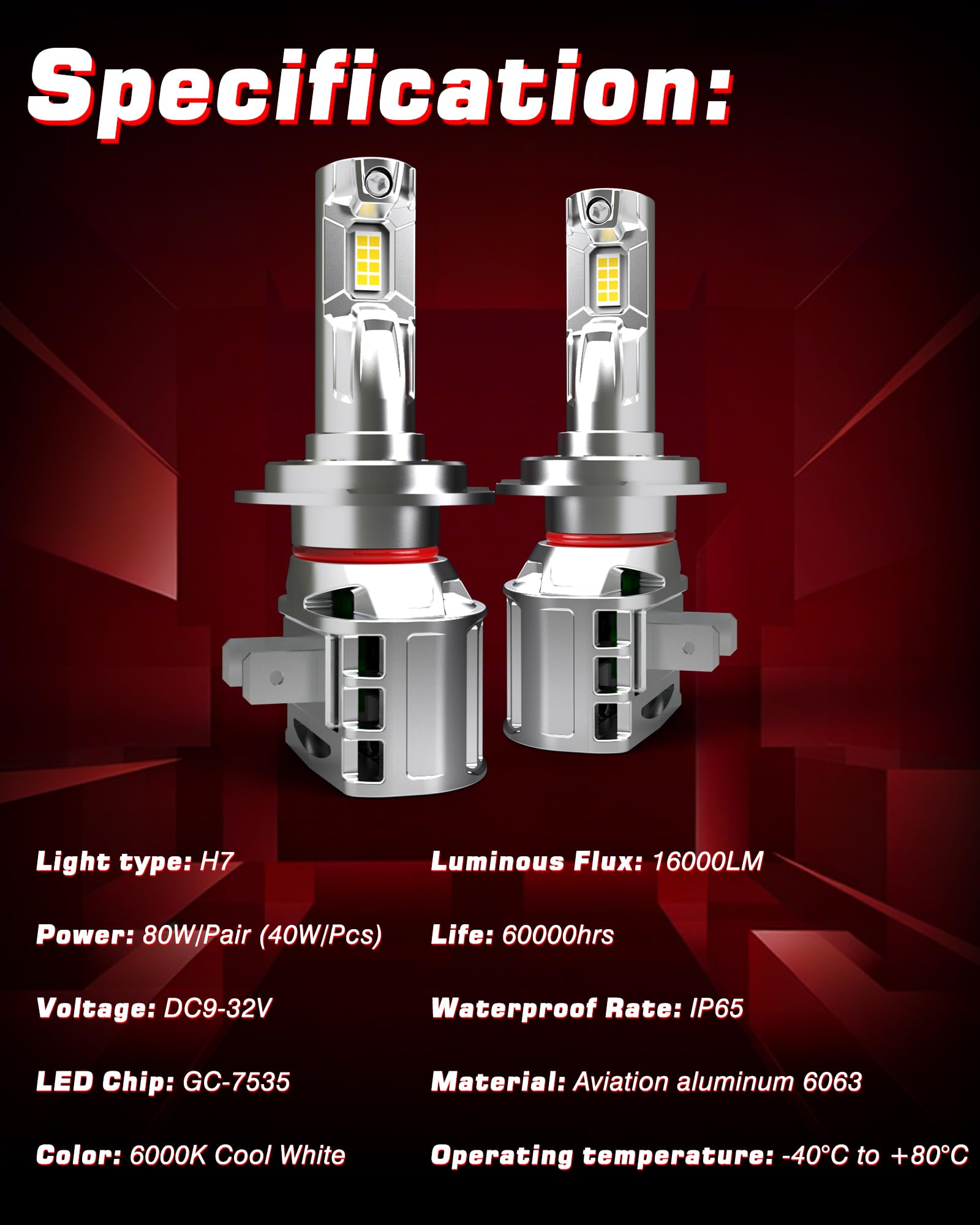 Ampoule H7 LED Voiture, Super Lumineux 80W 16000LM 6000K Blanc Froid Faisceau réglable à 360 degrés Kit Conversion Ampoules H7 LED Anti Erreur Mini Design Tout-en-Un, Lot de 2