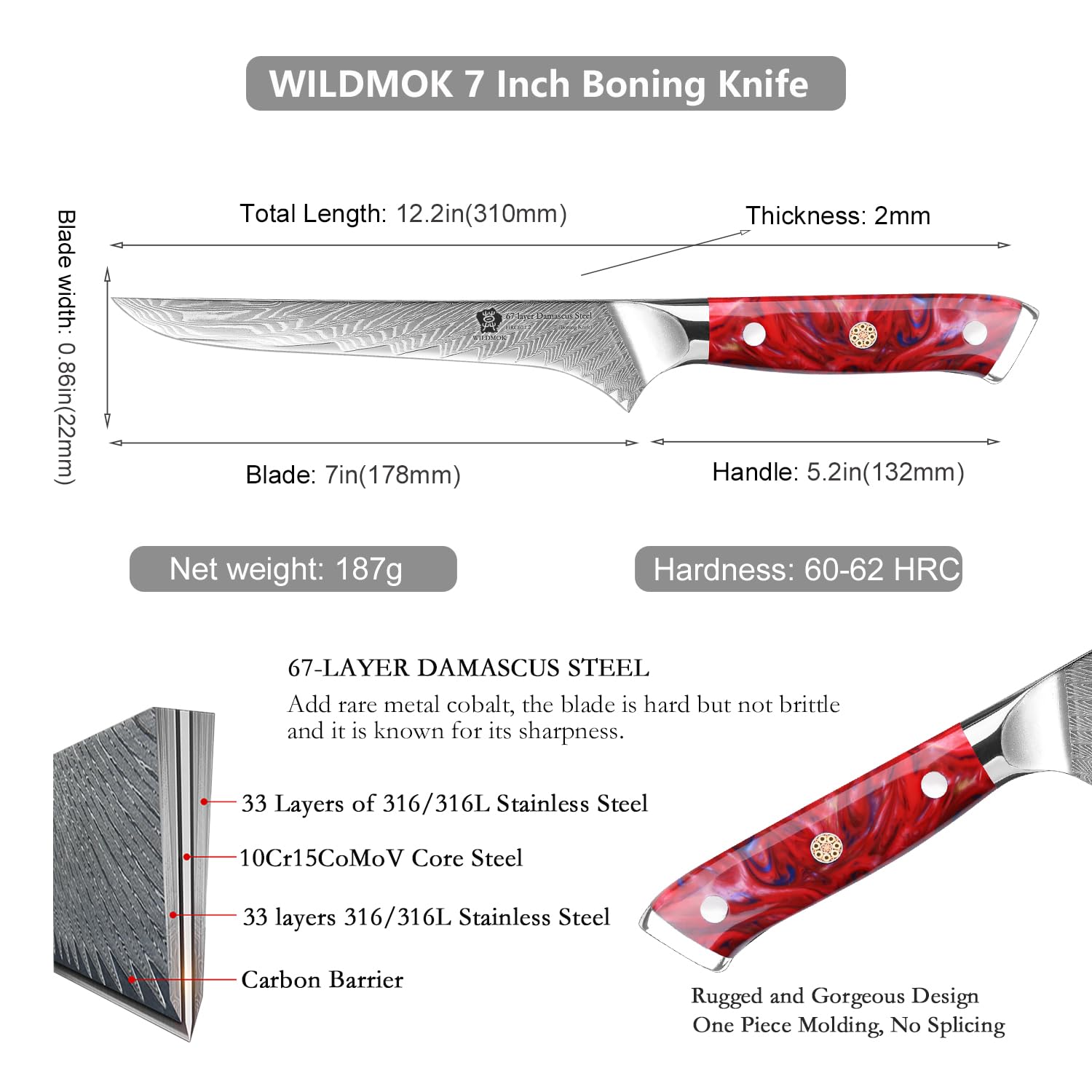 WILDMOK Couteau à désosser, Damas Super Steel Forgé 67 couches Couteau à désosser Couteau à filet, Coupe de viande, Parage, Désossage, Manche en résine pleine soie Comprend un coffret cadeau