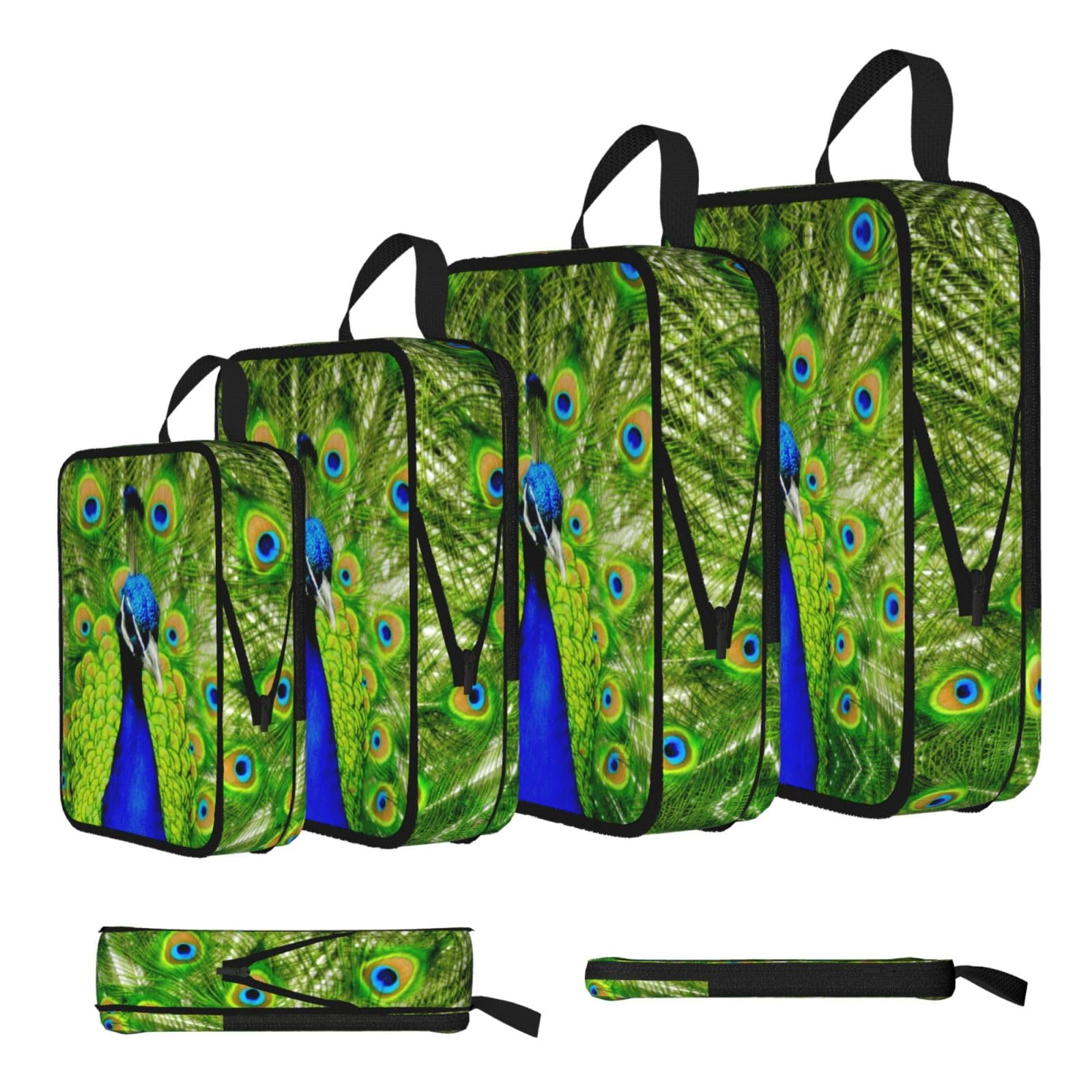 Blue Peacock Print 4 Set Compression Packing Cubes For Suitcases,Expandable Storage Bags Organizers