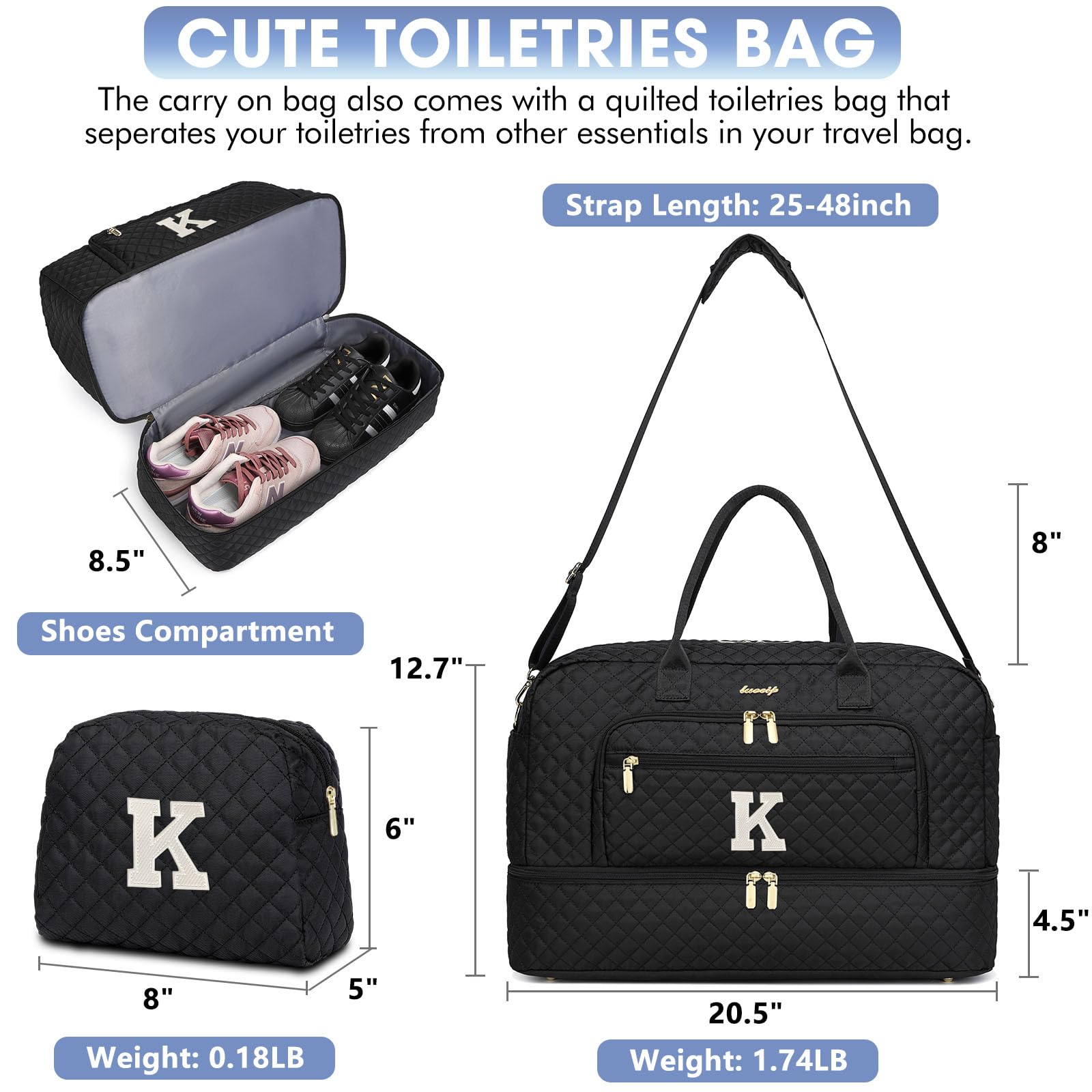 Initial Travel Duffle Bag for Women - Black Personalized Weekender bags Overnight Bag with Shoe Compartment & Wet Pocket Weekend Tote Bags with Toiletry Bag Monogram Christmas Gift (Letter K) view 3