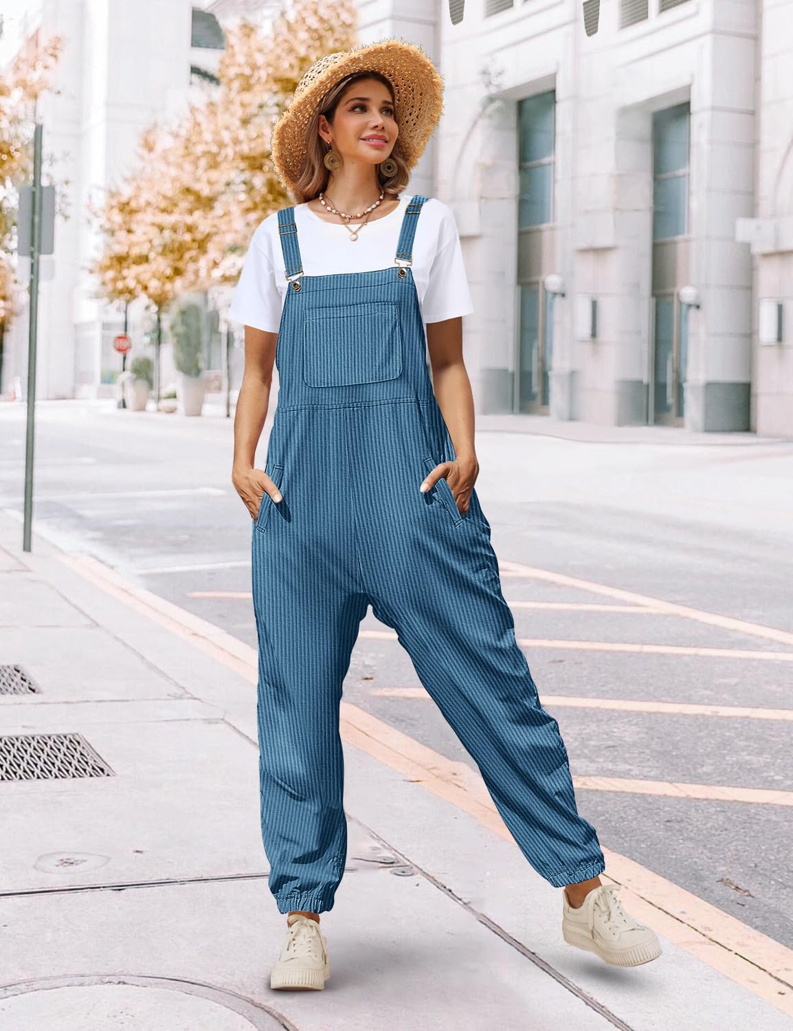 YESNO Women's Casual Corduroy Overalls Sleeveless Adjustable Straps Loose Harem Bib Jumpsuits for Women with Pockets PCL - Image 3