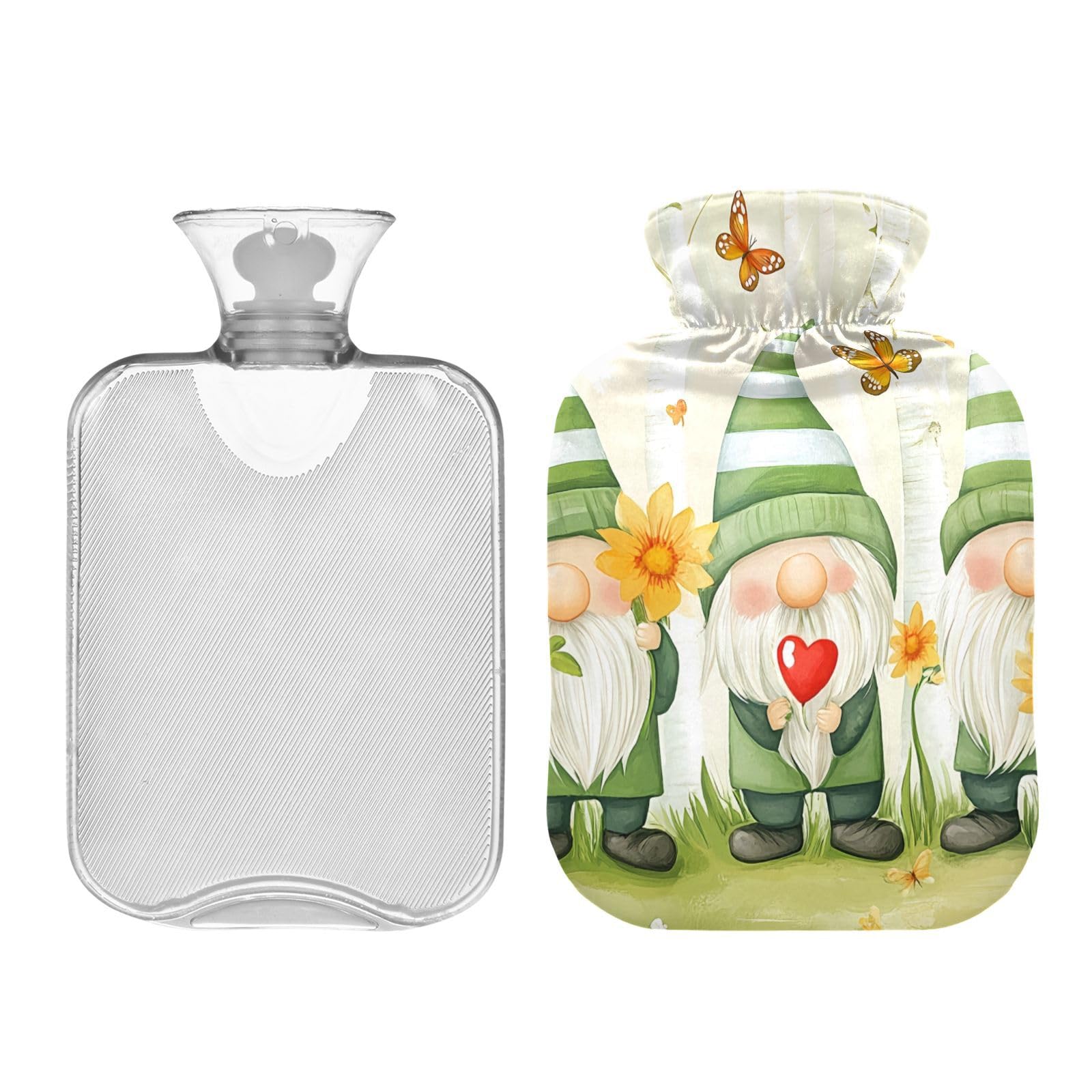 Cheerful Gnome Gathering Hot Water Bottles with Soft Cover Hand Feet Warmer Hot Water Bag for Neck and Shoulder Pain Relief, 2 Liters
