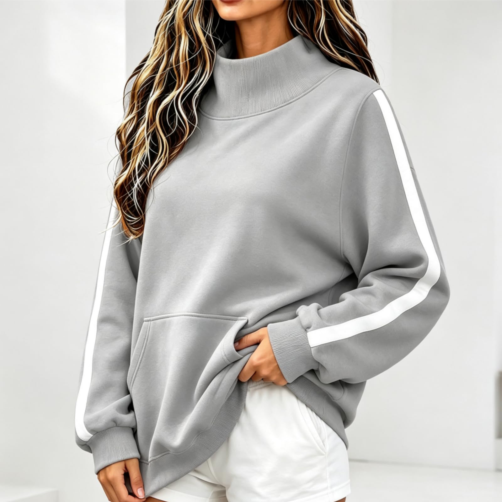 Generisch Sudadera grande para mujer con cuello alto y bolsillo | Tops de manga larga con cuello alto, sudaderas informales, ropa de salón ligera y holgada, moda para otoño e invierno