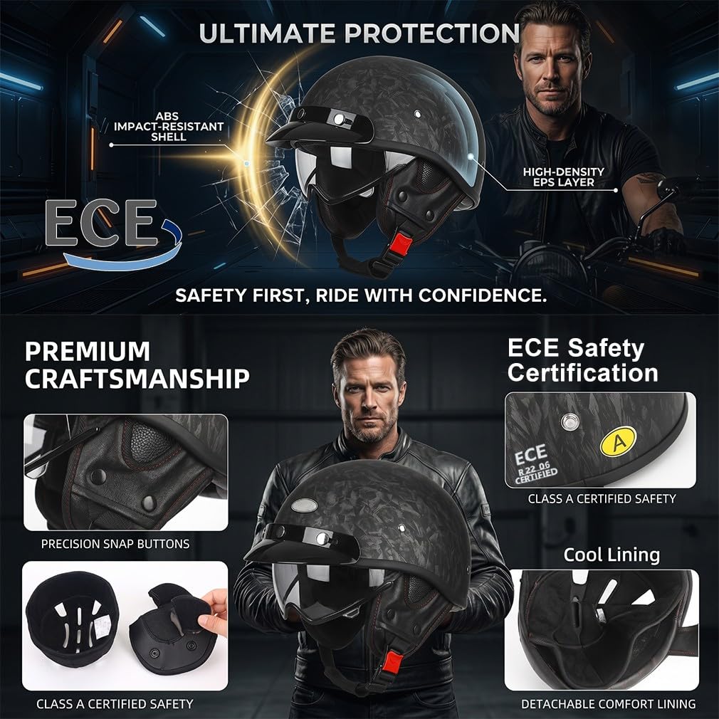 Kask motocyklowy typu jet, z maską, chowany wizjer przeciwsłoneczny, wyjmowana nadająca się do prania wkładka, zdejmowane nauszniki / osłona przeciwsłoneczna, ECE 22.06, ABS Skala, S-2XL (55-64 cm