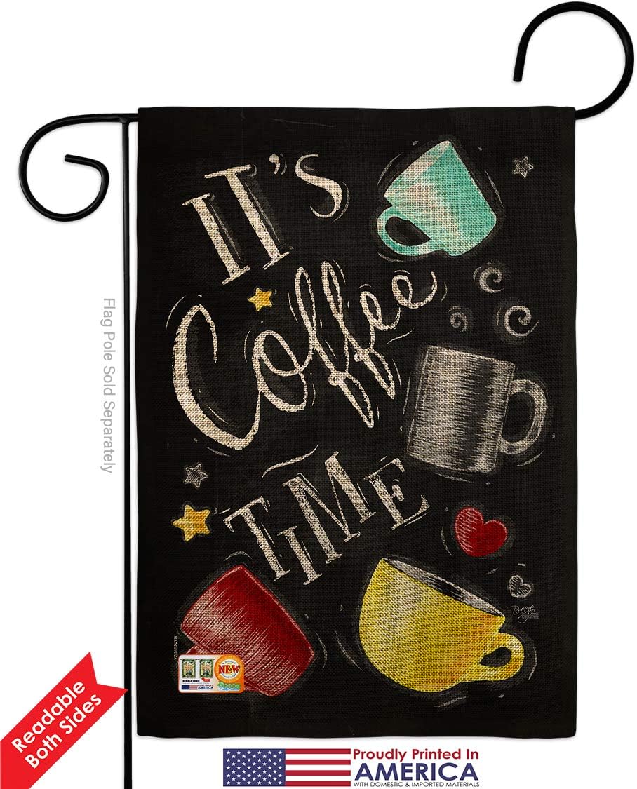 Its Coffer Time Burlap Garden Flag Set with Stand Beverages Latte Capucchino Expresso Drink Cream Cup Teapot Small Decorative Gift Yard House Banner Double-Sided Made In USA 13 X 18.5