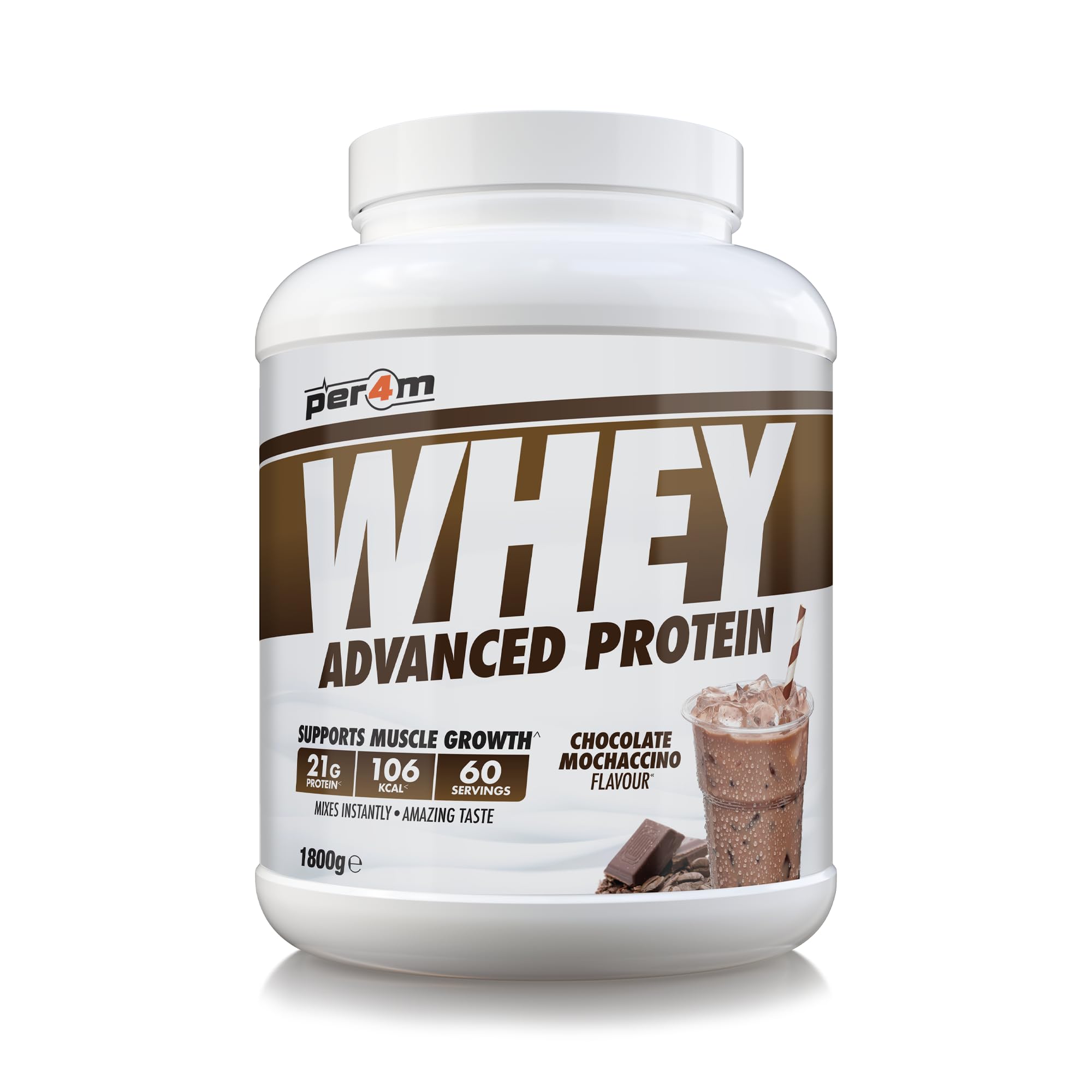 Per4m Whey Protein Powder | High Protein Shake for Muscle Growth & Recovery | Low Sugar Gym Supplement | Sports Nutrition Drink + Amino Acids (1800g, Chocolate Mochaccino)