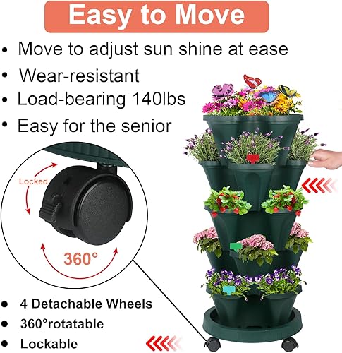 Miniatura 6 de Maceta vertical, maceta apilable de 5 niveles con juego de herramientas de jardín, maceta movible para interiores y exteriores, torre de jardín,