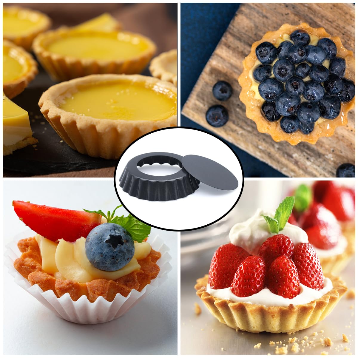 Lot De 16 Mini Moules à Tarte Ronds Cannelés - 12 Cm, Fond Amovible, Antiadhésif, Acier Carbone