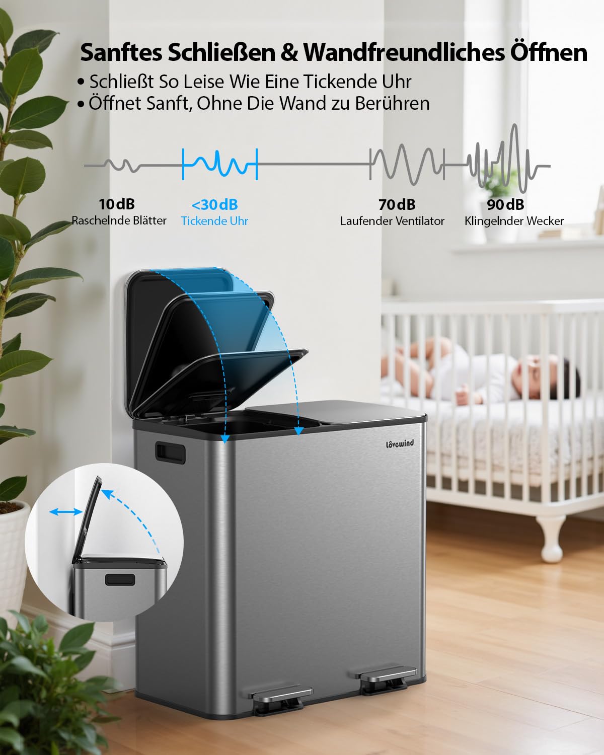 lovewind Mülleimer, 2 x 40L Mülleimer Küche, Doppeleimer für Recycling und Abfall, Silber, Mülleimer aus Edelstahl mit Deckel und Inneneimern, Großes Fassungsvermögen, Deckel mit Soft-Close-Funktion