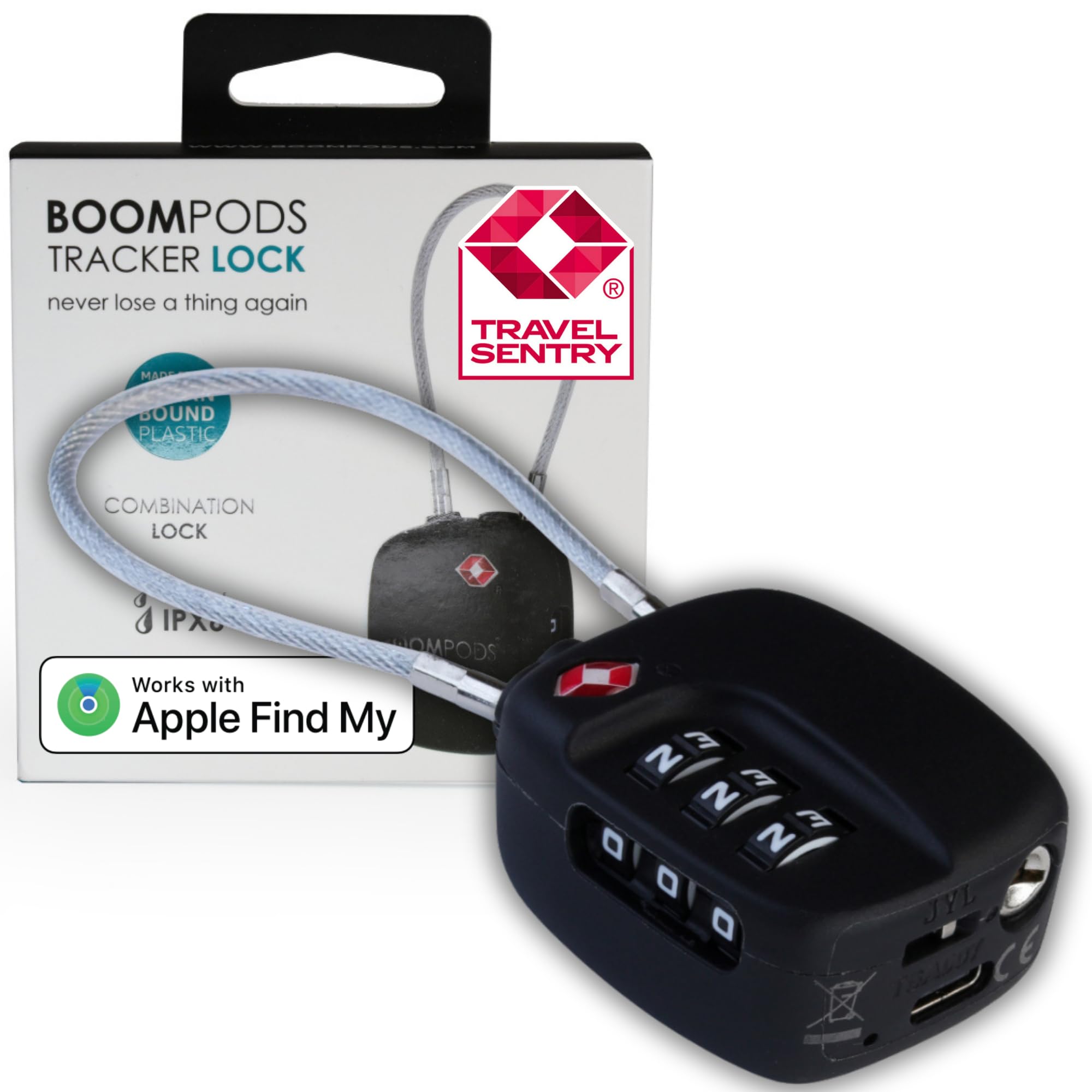 Boompods Cadenas Valise avec Fonction de Localisation - Cadenas Connectée avec Traceur Compatible avec Apple Find My App, Verrou Intelligent TSA pour Valise et Bagages, Batterie Rechargeable - Noir