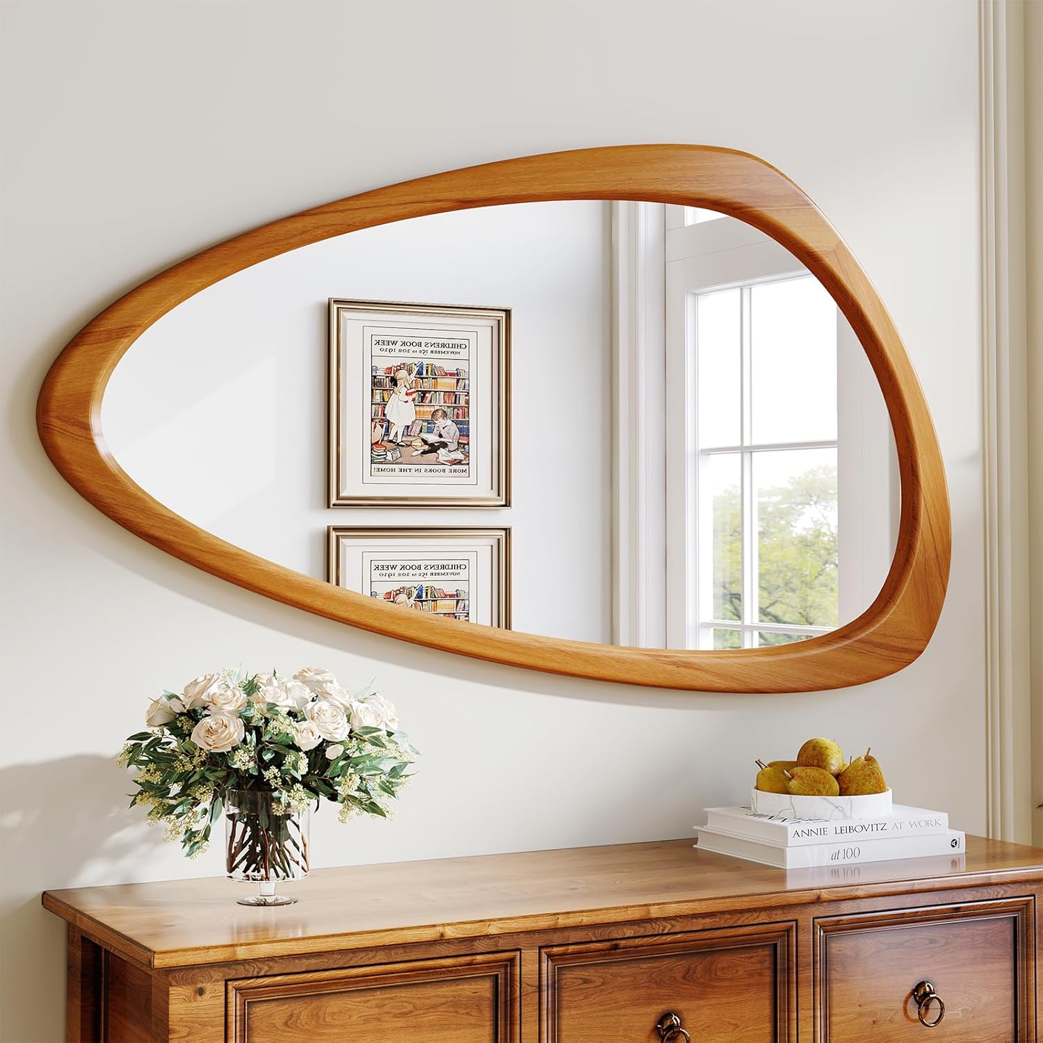 Mid Century Modern Mirror, 28x48 Inch Irregular Wall Mirror, Asymmetrical Wall Mirrors with Pine Wooden Frame for Living Room Bedroom Bathroom Entryway Hangs Horizontally or Vertically