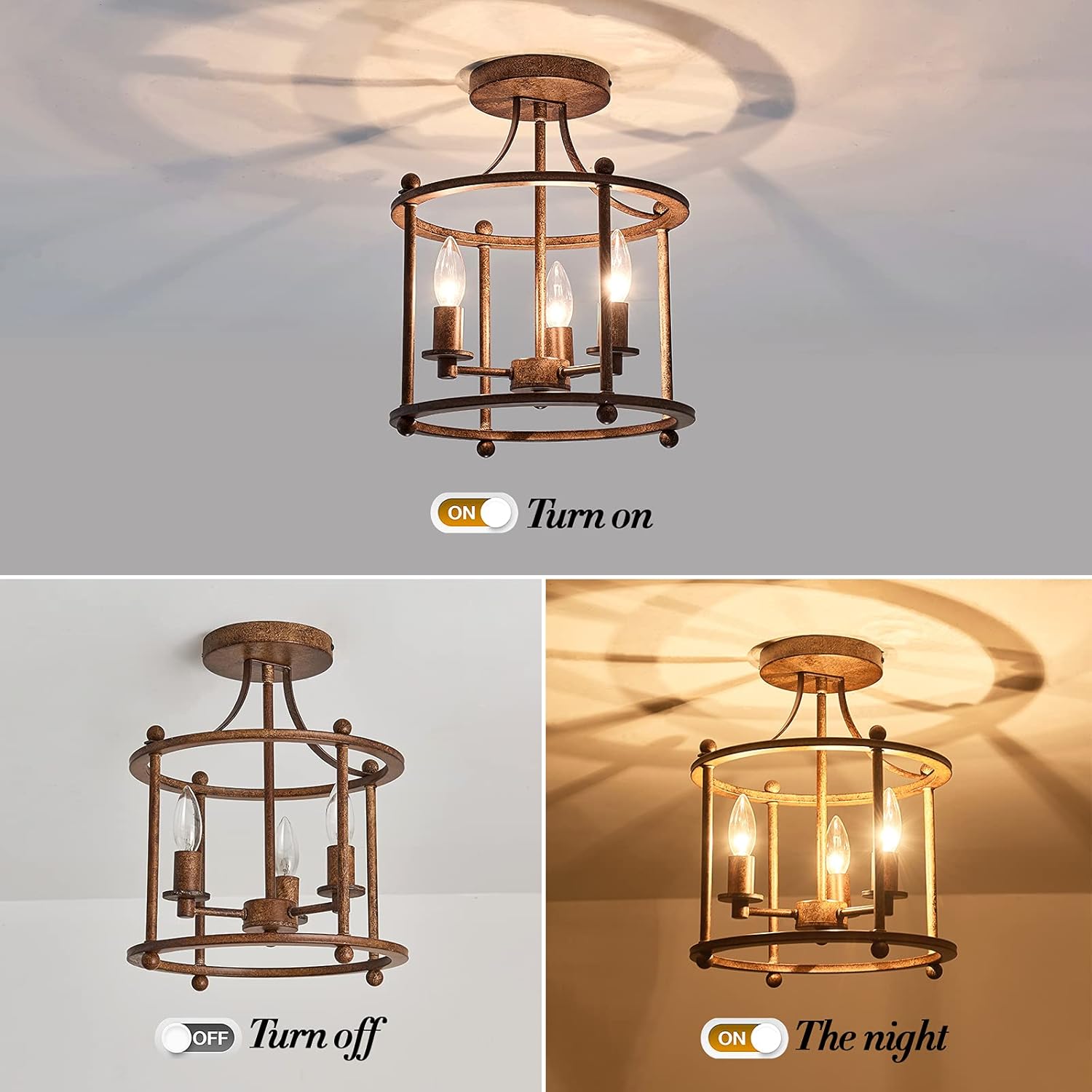 UOFUS 3-Light Farmhouse Vintage Semi Flush Mount Ceiling Light Fixtures in Rustic Bronze Metal Chandelier for Island Living Room Bedroom Kitchen Foyer Laundry Room Entryway Hallway