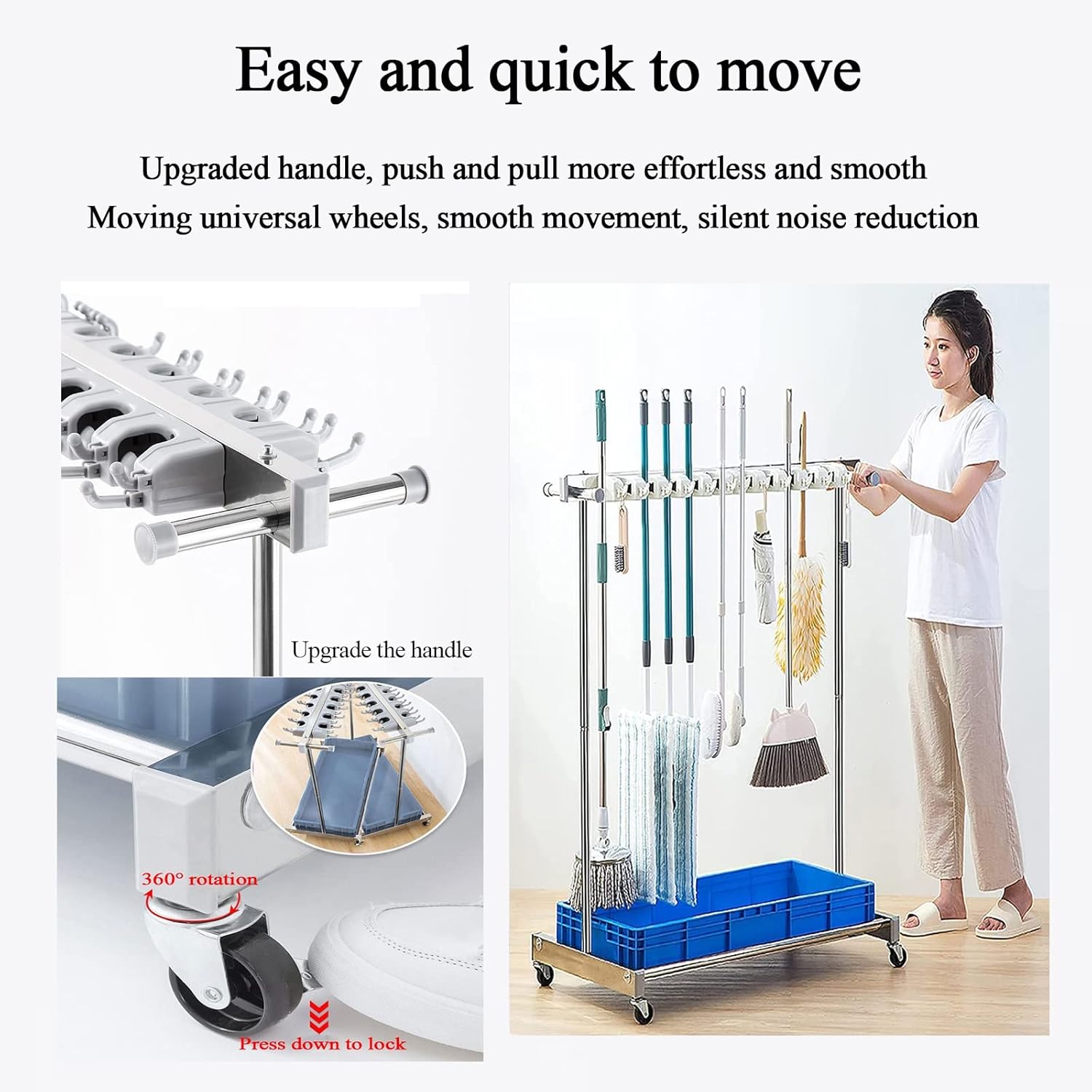 Utility Rack For Mops And Brooms,Cleaning Supplies Organizer,Cleaning Cart,Movable Commercial Mop Broom Holder,Cleaning Supplies Organizer,Housekeeping Cart,Mop Drain Rack,With Universal Wheel ( Color