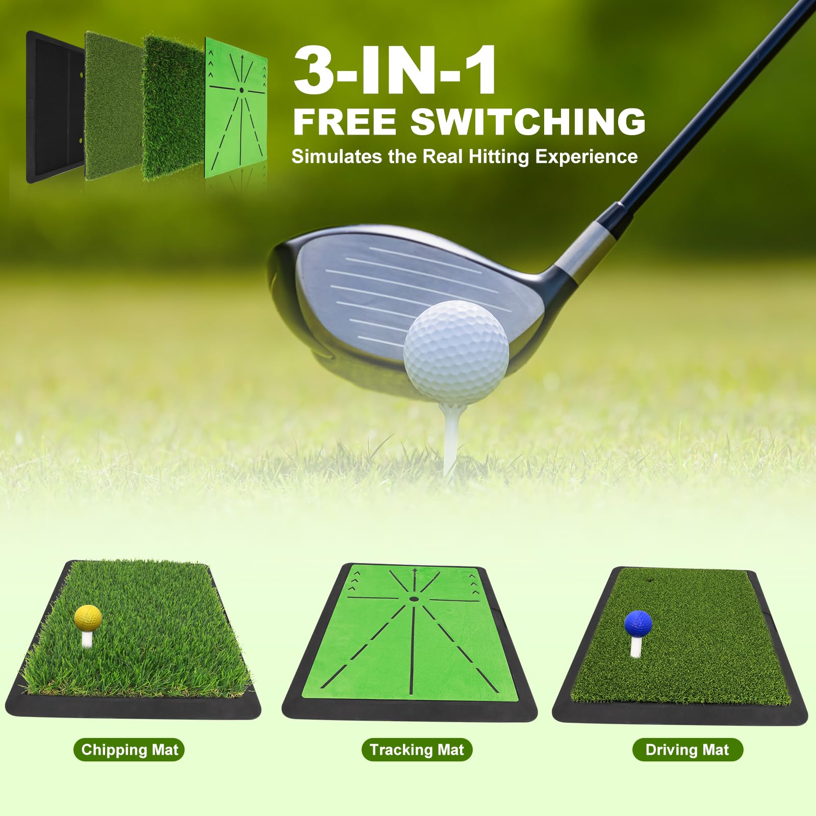 Tappetino da golf 3 in 1 con 3 superfici intercambiabili – Feedback immediato sulla traiettoria dello swing – Base in gomma antiscivolo – Per interni ed esterni