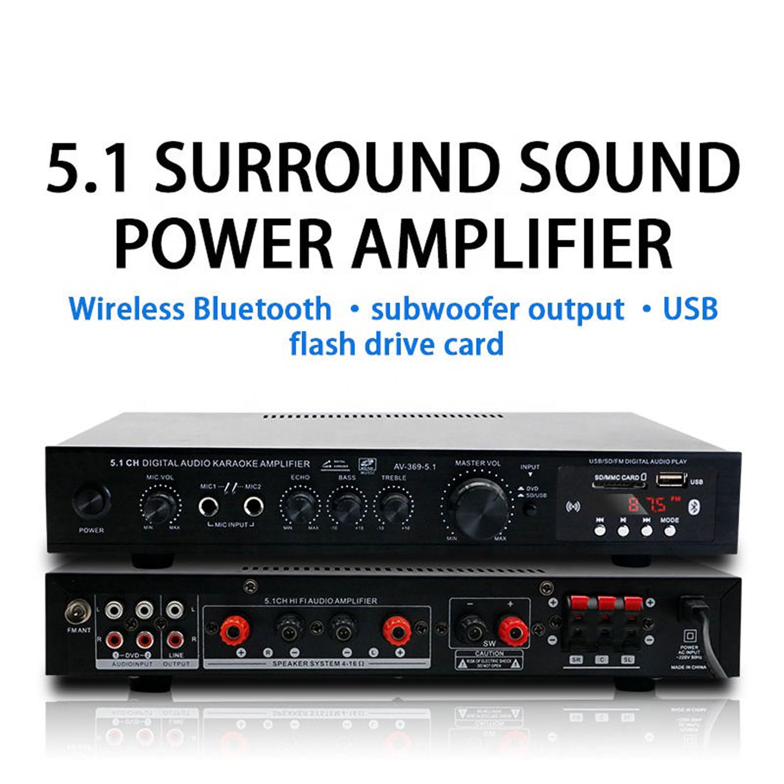 Amplificateur numérique 5.1 canaux avec Bluetooth, fente pour carte USB/CD, réglage de la réverbération, pour la maison et les spectacles