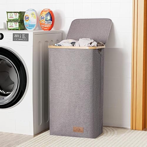 Miniatura 1 de ChicBliss Cesta grande para la ropa sucia con tapa, cesta de lavandería de 100 litros con asas de bambú para ropa, juguetes y toallas, contenedor de