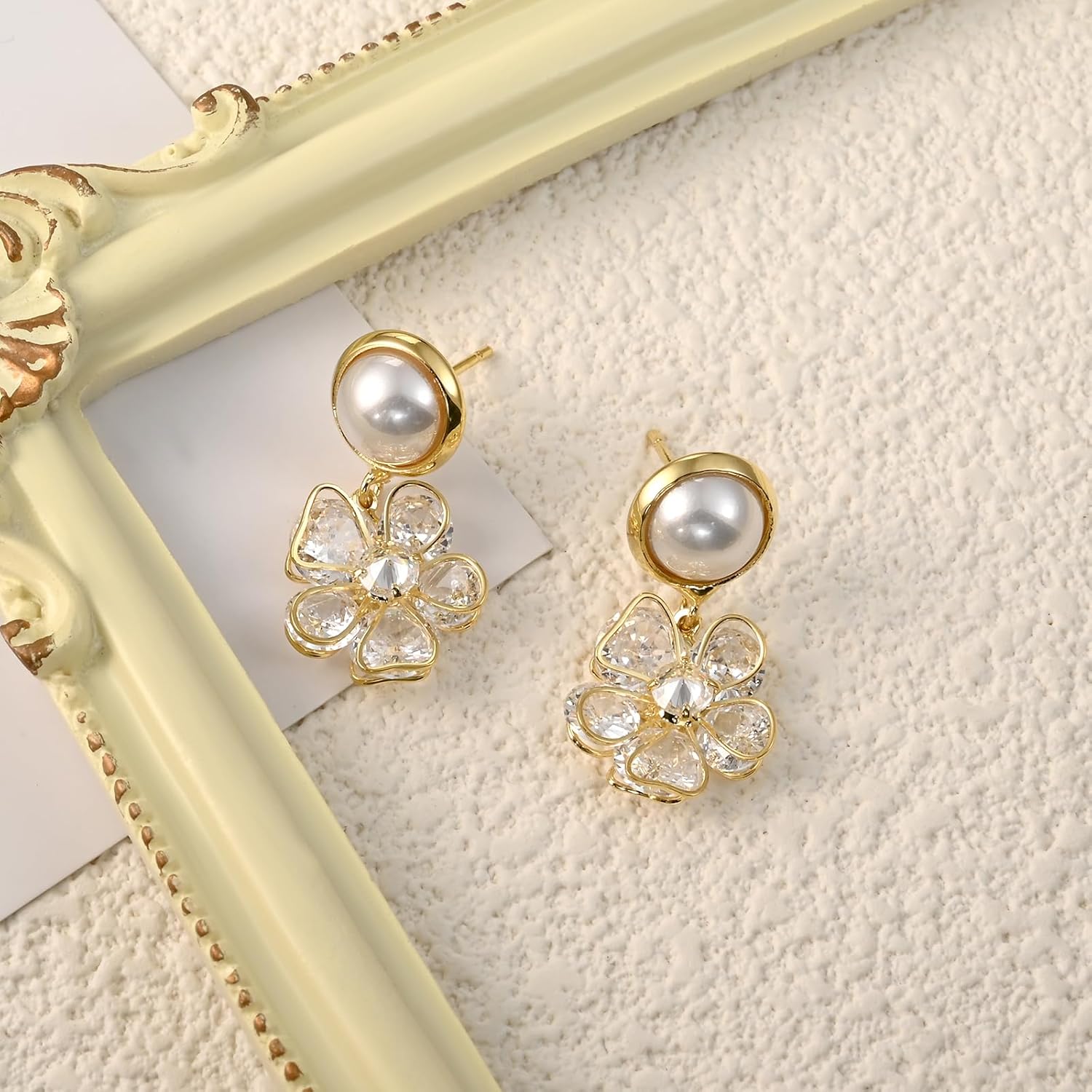 Silver/Gold Pearl Dangle Earrings for Women with Shaped Flower Cubic Zirconia Dangling Crystal Drop Earrings - Image 6