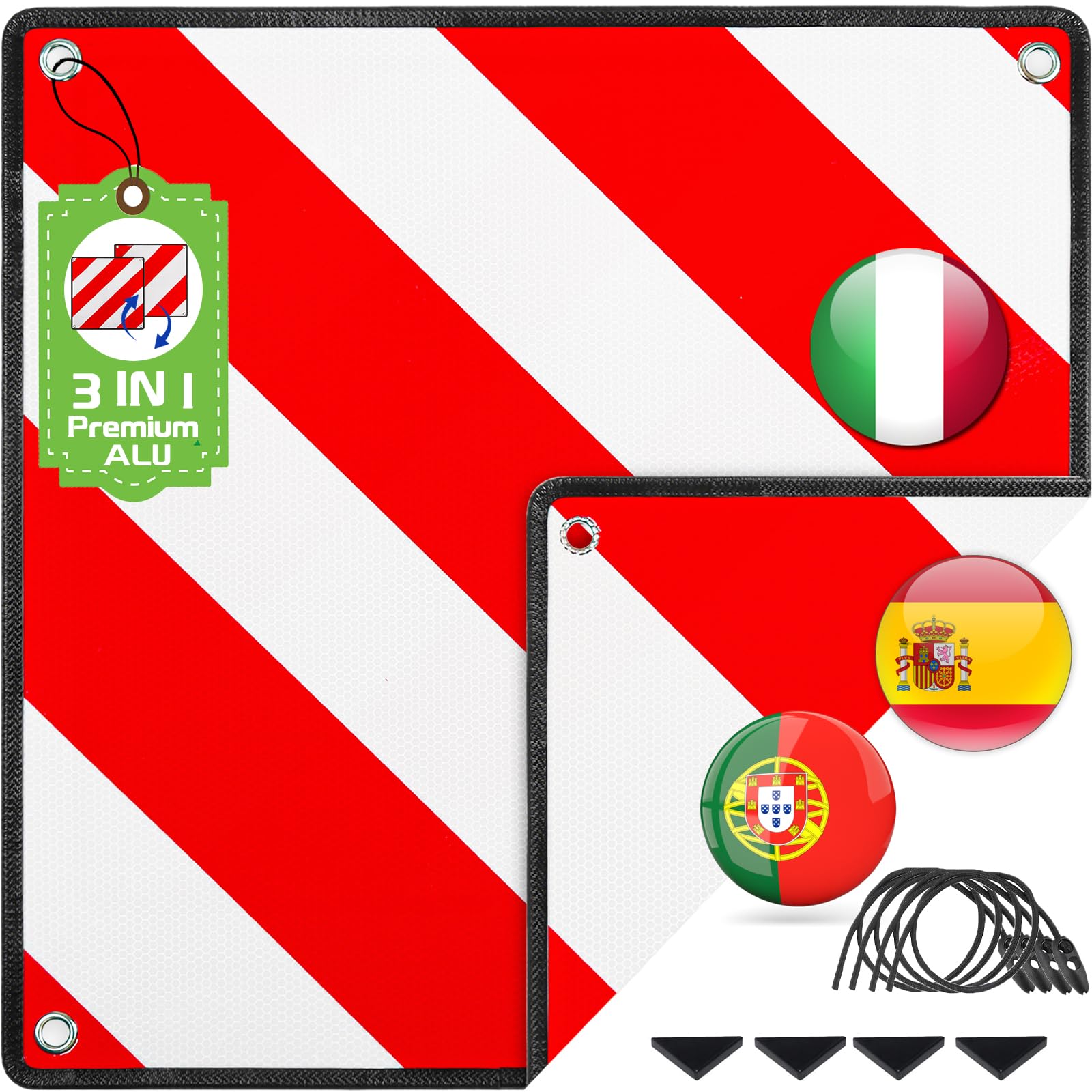 Warmfay 3 in 1 Warning Board for Italy, Spain & Portugal, 50×50 cm Aluminium Red & White Reflective Warning Sign with 4 Tension Cords, for Bike Rack, Rear Carrier, Car & Motorhome