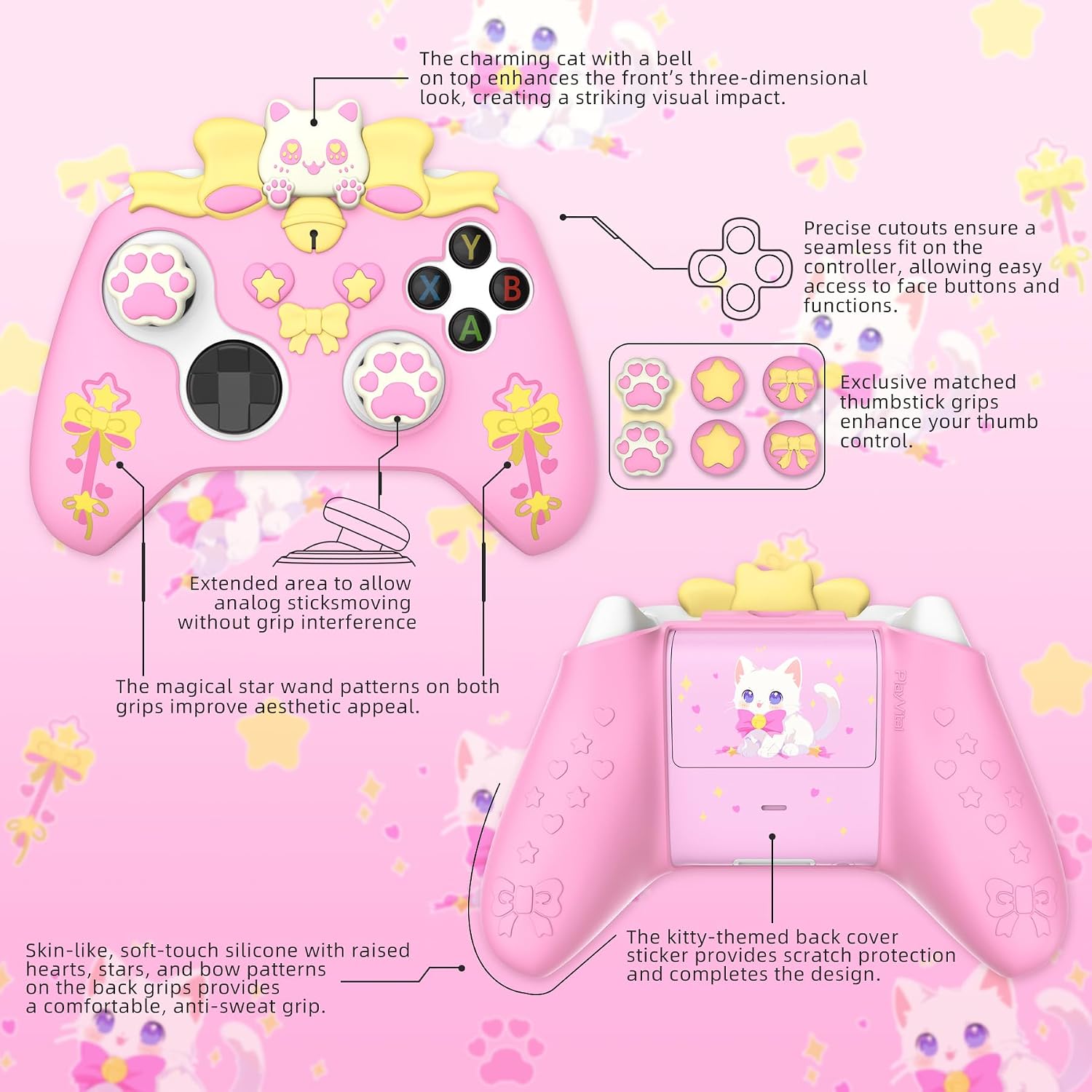 PlayVital Cute Silicone Controller Skin for Xbox Series X/S - Sweetheart Kitty Anti-Slip Grip Cover with 6 Thumb Grips & Stickers - Soft Rubber Protector for Xbox Core Controller Accessories, Pink