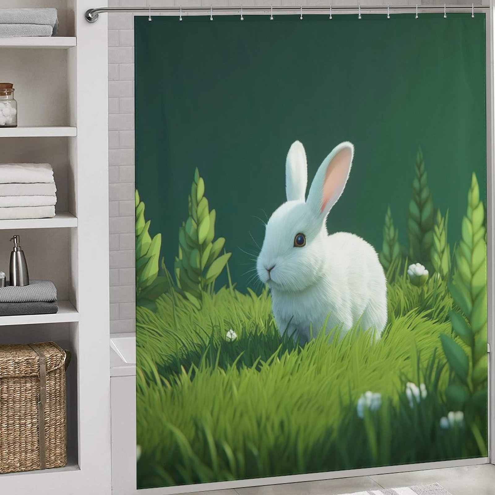 Rideau de douche lapin en tissu polyester imperméable 183x183cm avec 12 crochets