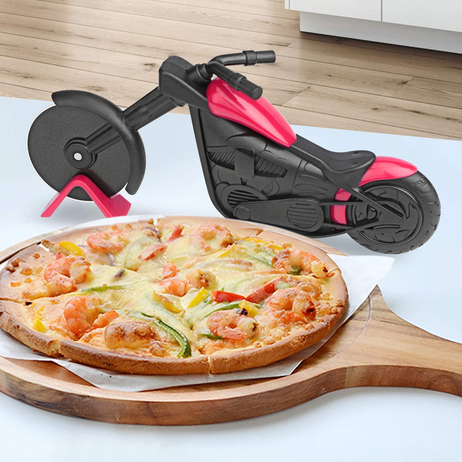 KUONIIY Cortador Pizza Motocicleta, Rueda de Pizza, Hermosa Decoración, Perfecto Para Regalos Creativos (21.5 * 8.5cm, Negro y Rojo)