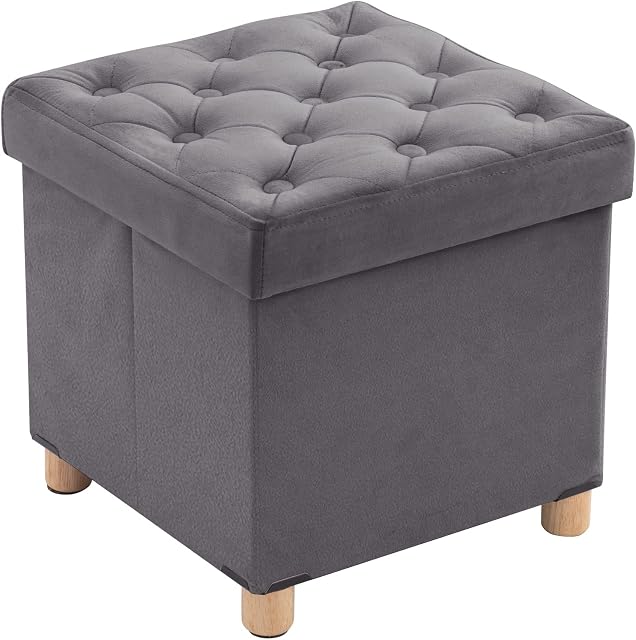 BRIAN & DANY Folding Storage Ottoman with Wood Legs, Velvet Footstools Cube for Living Room and Bedroom, 40x 40x 40 cm, Gray