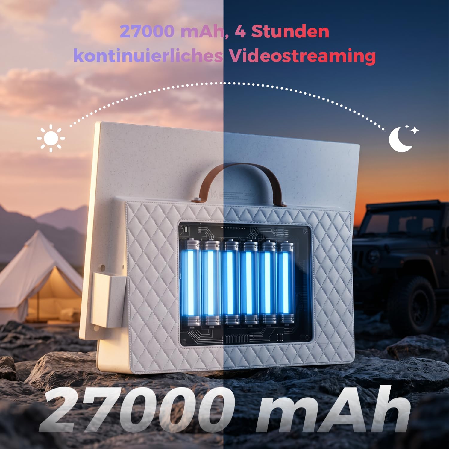 VLH 27 Zoll Tragbarer Fernseher, Smart Google TV, Batteriebetriebener Outdoor-Fernseher 1080P, Dolby Audio, 300cd/m², WLAN ＆ Bluetooth, Fernbedienung für Google Assistent, Ideal für Camping, Parties