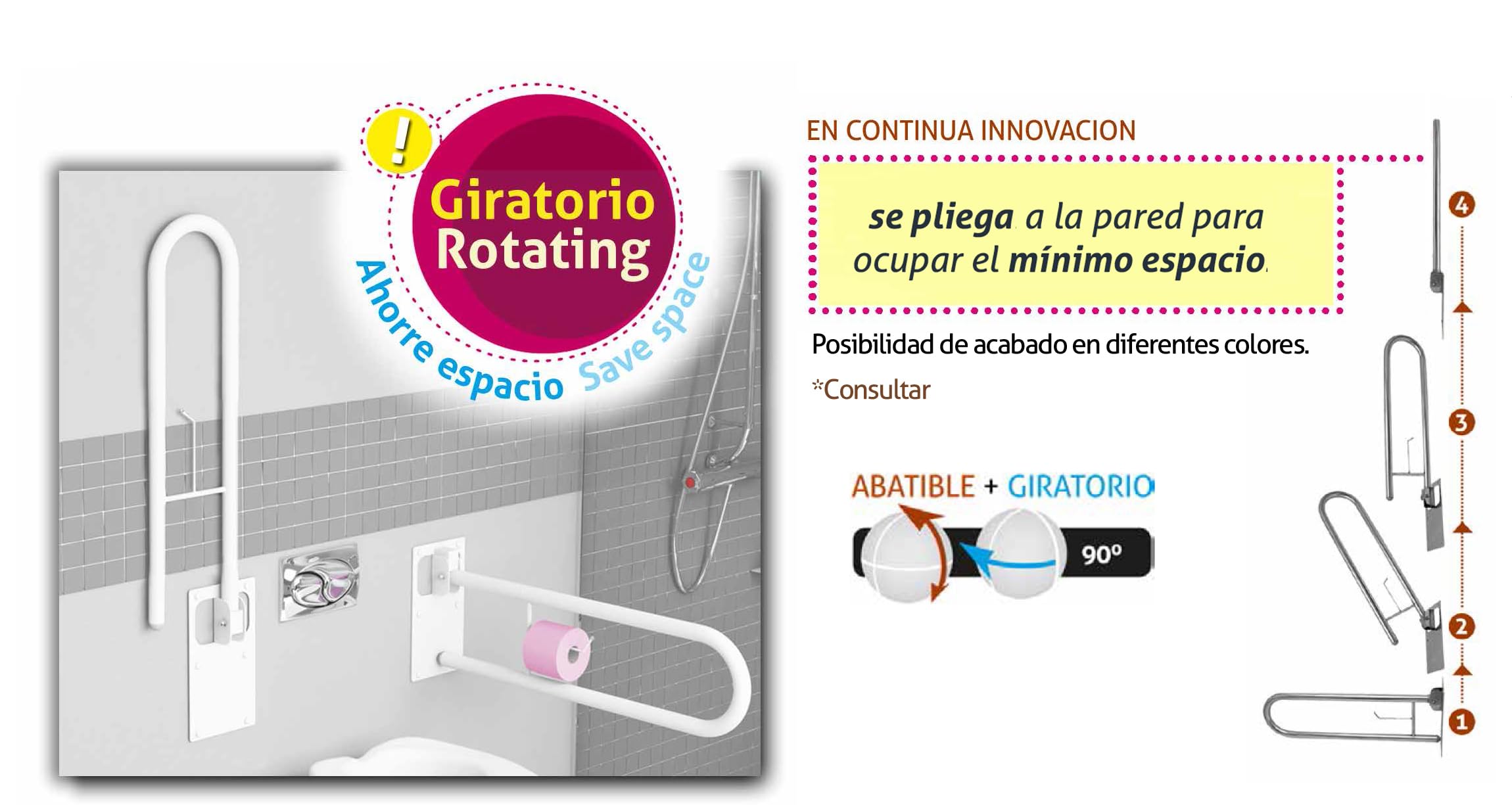 Barra Abatible de Acero Con Portarrollos Incorporado, Barra Baño Minusválido, Barra WC Seguridad, Giratoria y de Plegado Compacto a Pared, Blanco Mate, 73 cm