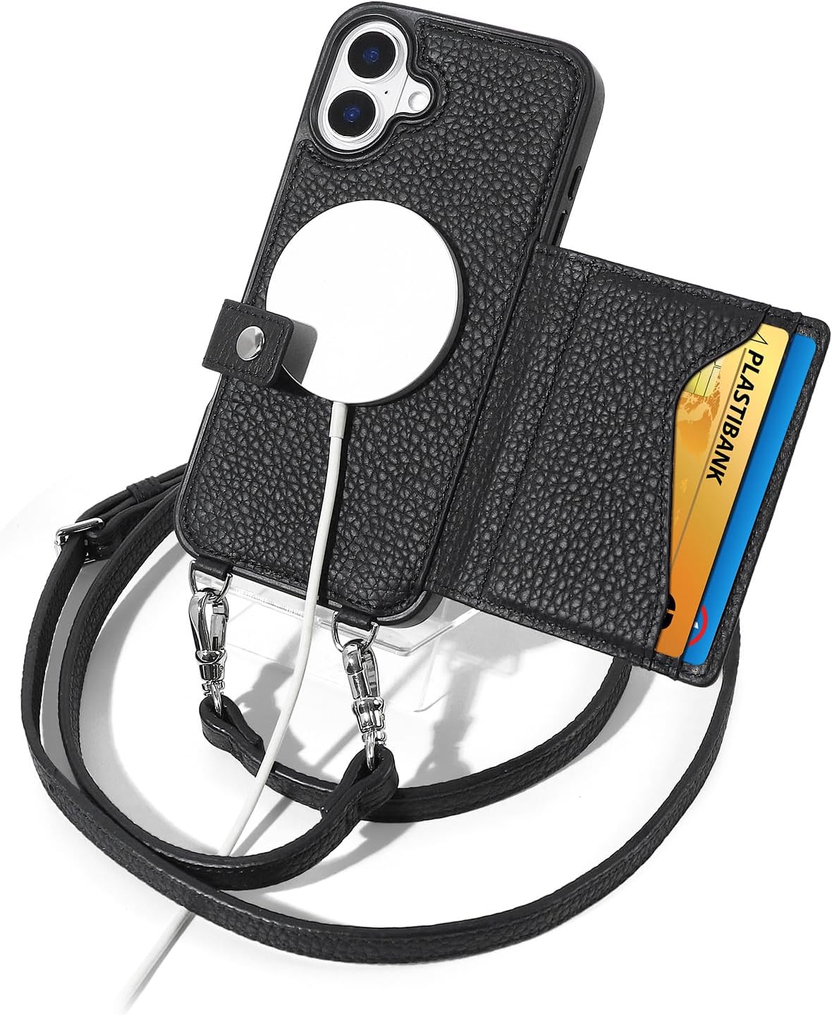 LUCKYCOIN Crossbody Phone Case with Card Holder for iPhone 16 Plus,Compatible with MagSafe,Genuine Pebble Leather Wallet Case with RFID Blocking,Phone Purse with Adjustable Removable Strap - Black