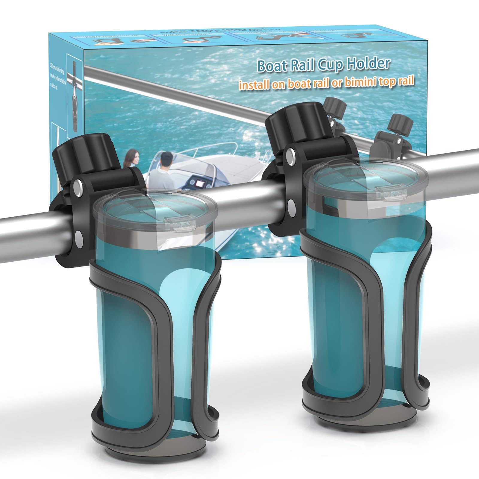 Boat Rail Cup Holder - Fits Bimini Top Rail/Grab Bar/Pontoon - 360° Rotating Elastic Grip - Tool-Free Install - Holds 20-40oz Cups for Jet Ski/PWC/Pontoon, Boat Accessories For Boat Parties, Pack Of 2