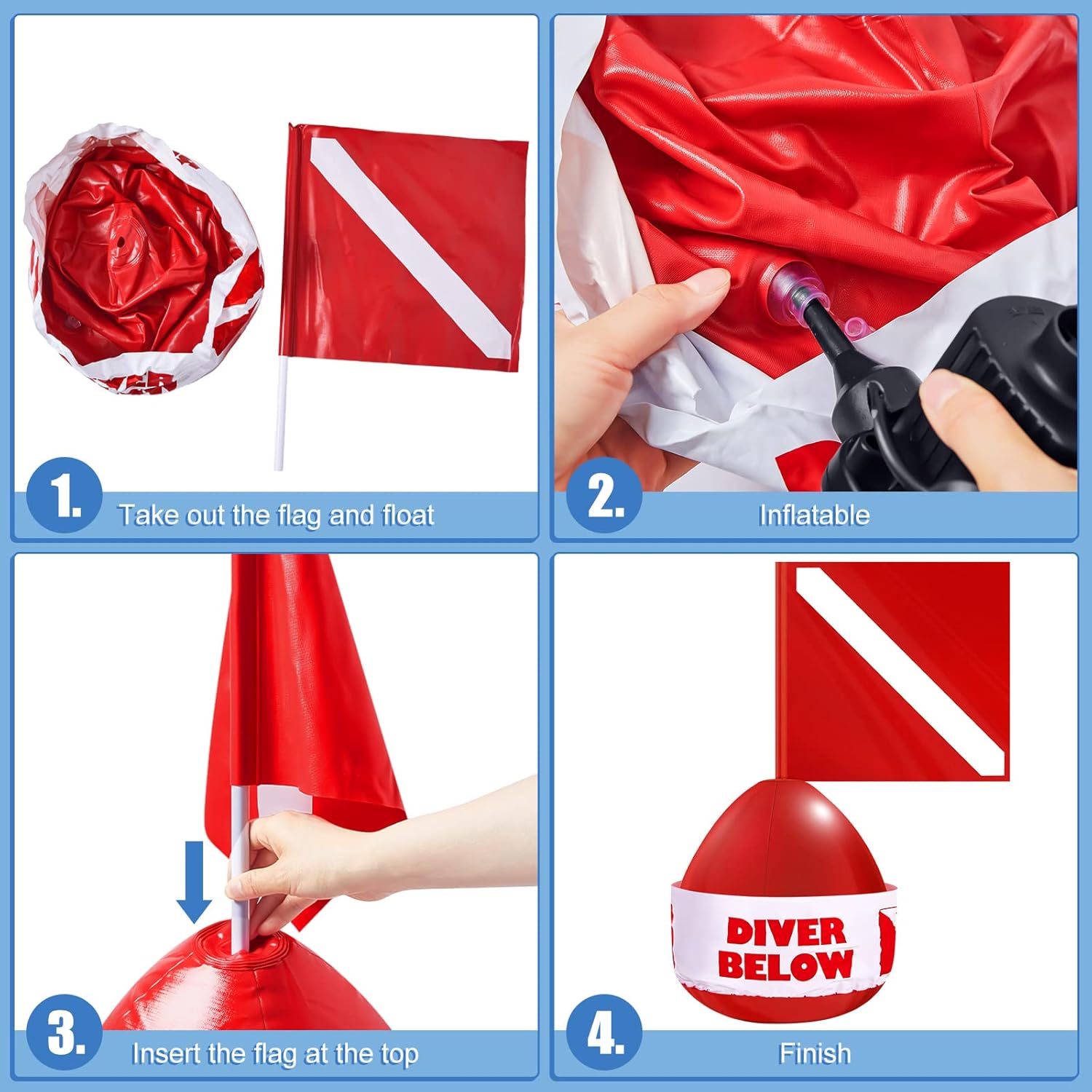 Oudain 2 Pcs Diver Below Floater with Dive Flag Inflatable Dive Flag Float Signal Scuba Round Dive Flag Buoy PVC High Visibility Diving Safety Gear for Diving Snorkeling Surface Signaling