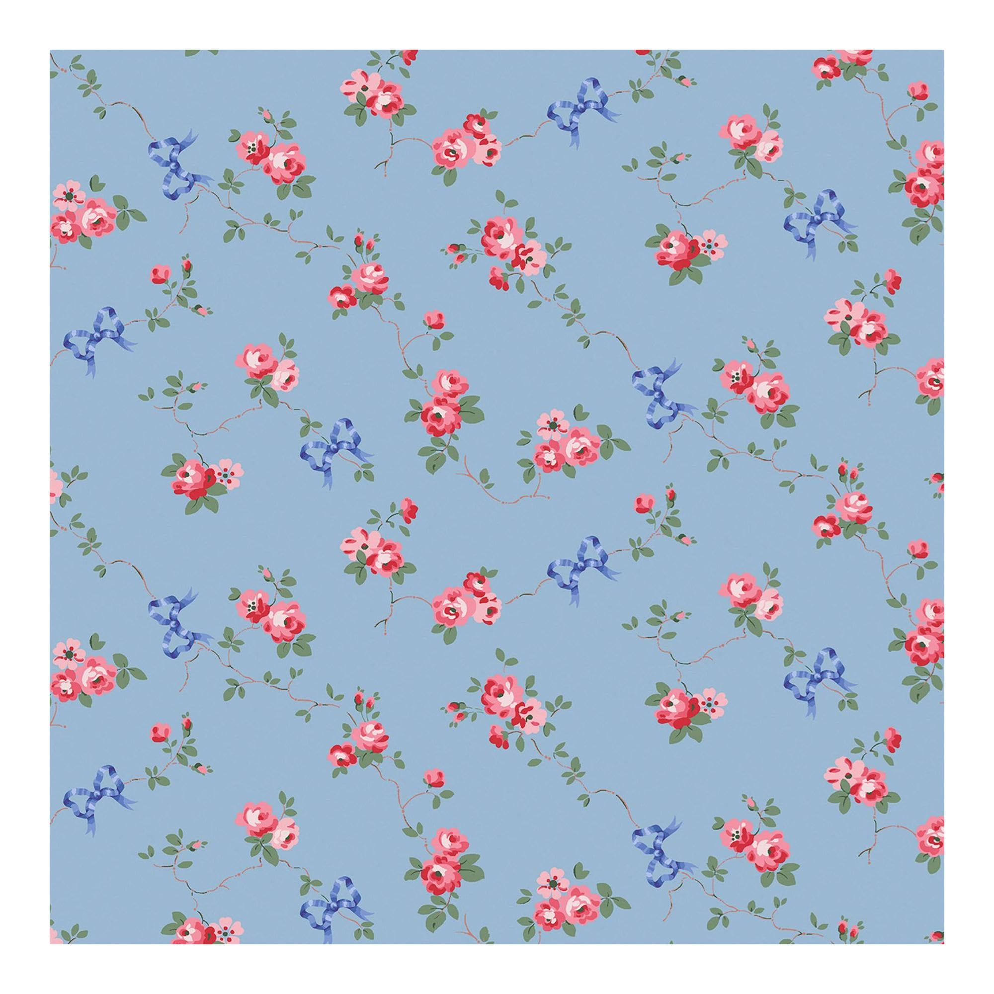 Graham & Brown Cath Kidston Rose & Bows Blue Floral Wallpaper | Paste the Wall Application | Blue Floral | Eco-Friendly