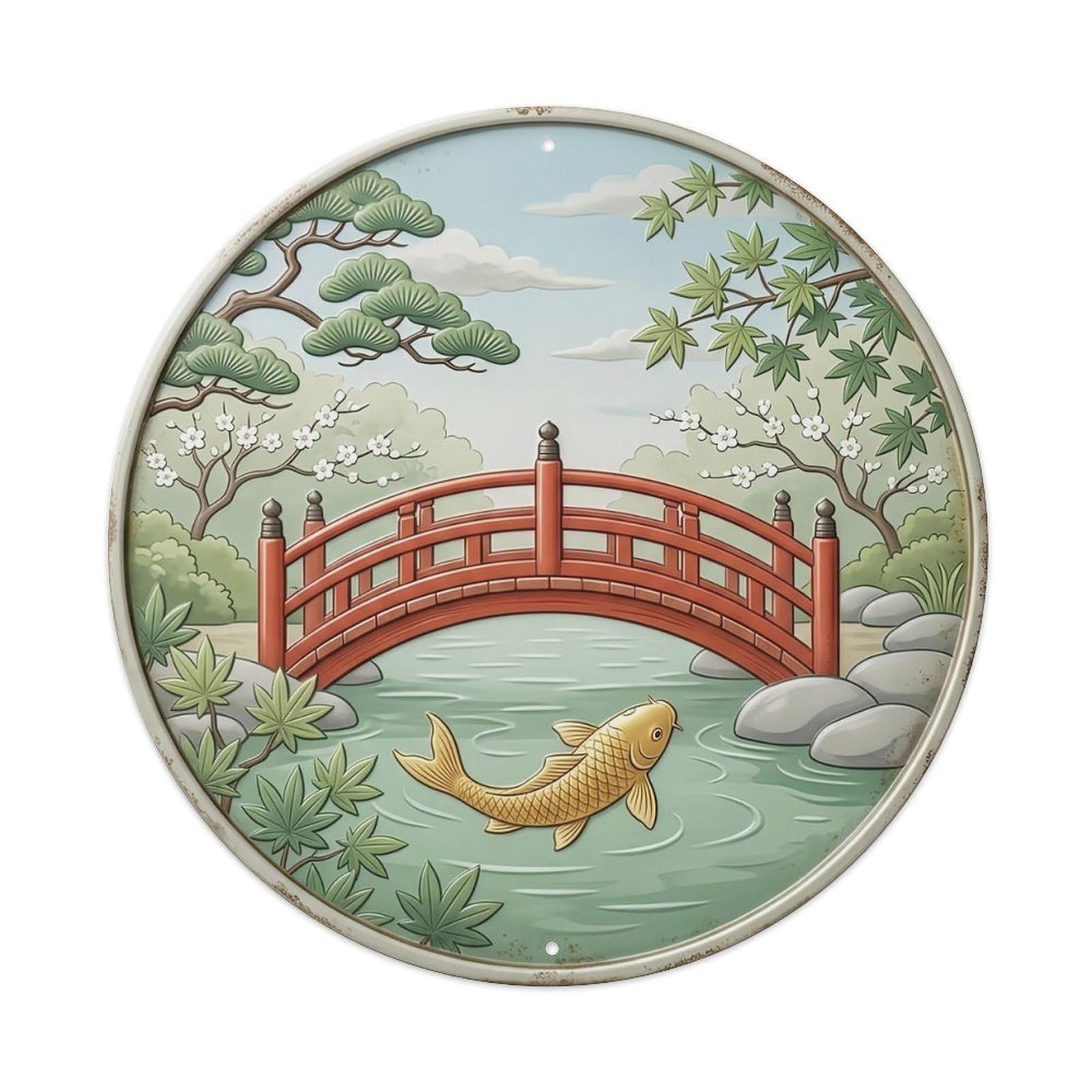 Red Bridge Crossing Koi Fish Metal Tin Sign Plaque Wall Decor for Cafe, Club, Garden Round Metal Poster 8x8Inch