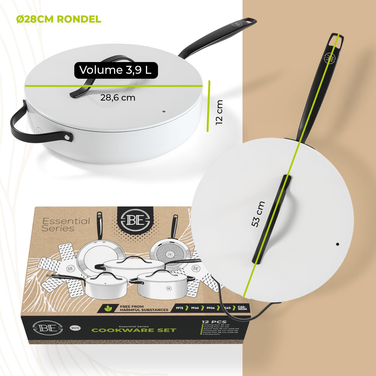 BE Living Essential 5-częściowy zestaw patelni, patelnia do smażenia, patelnia do smażenia, patelnia do sosa, przykrywka, ceramika, bez PFAS, indukcja, biały