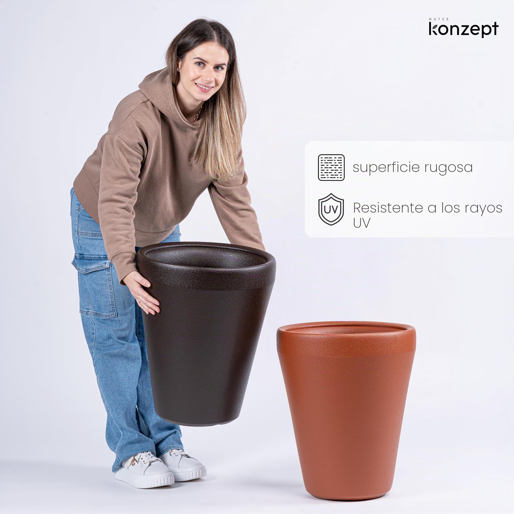 Maceta KONZEPT de 40 cm de diámetro en plástico, alta y grande, 40 L – Maceta con aspecto de arcilla, moderna, resistente a los rayos UV y a las heladas, ligera y de fácil cuidado, para interior y