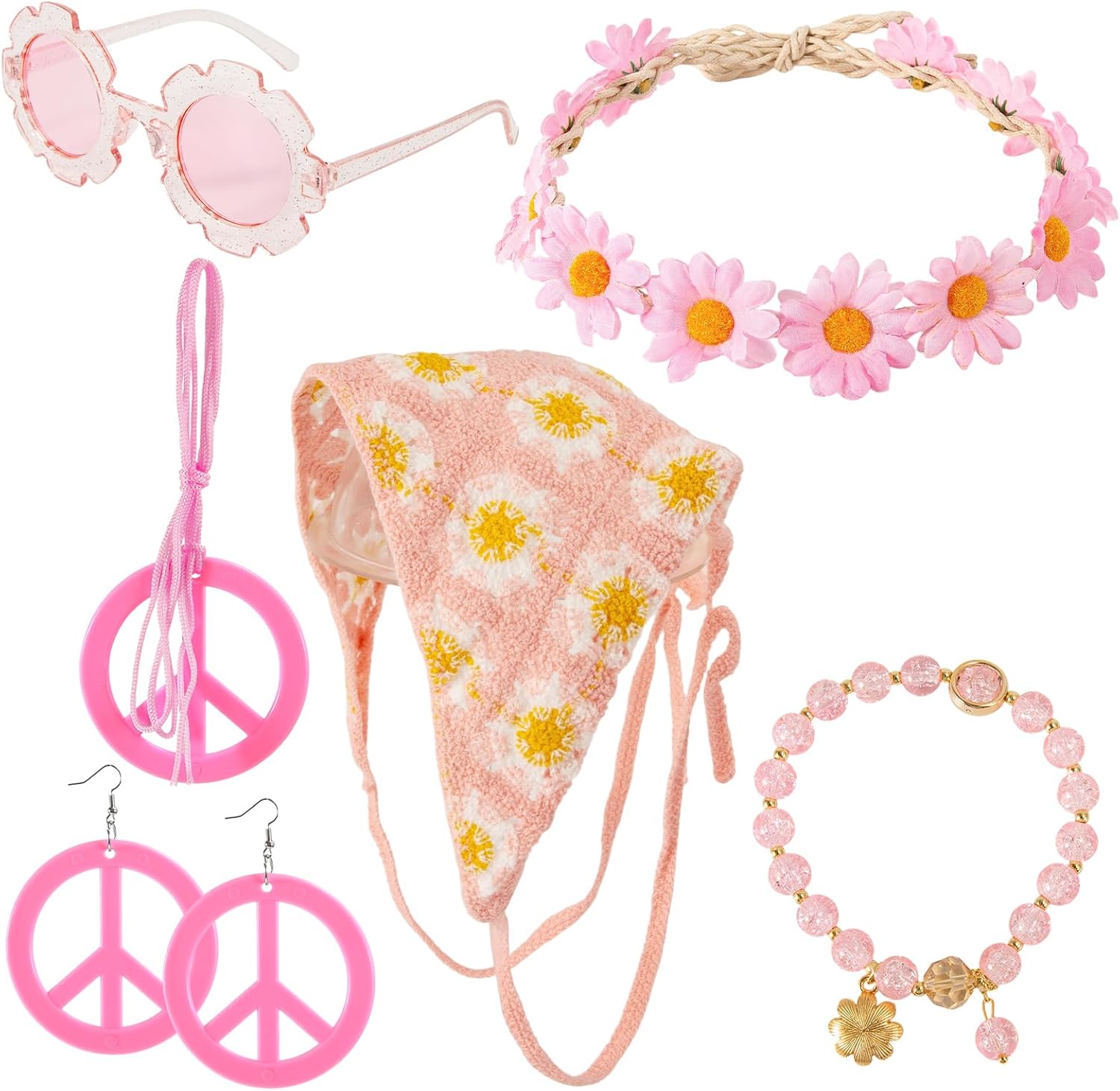 6 PCS Hippie Costume Accessories Set 70s Accessories Women Peace Sign Necklace Earrings Boho Daisy Flower Headband Sunglasses 70s Groovy Outfits for Women