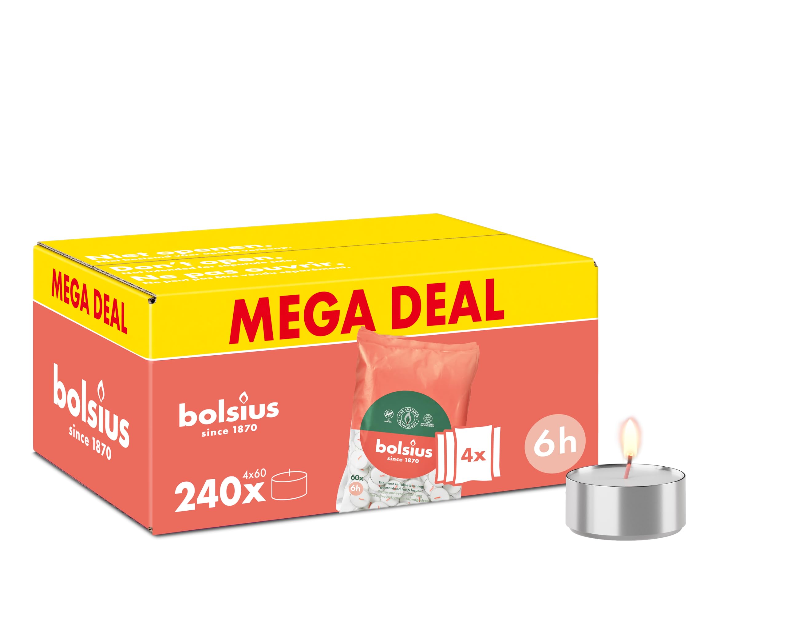 Bolsius - Großpackung Teelichter - 240 Stk. - 6 Brennstunden - Weiß - Enthält Naturliches Pflanzenwachs - Länge Brenndauer - Dekorative Haushaltkerzen - Ohne Palmöl
