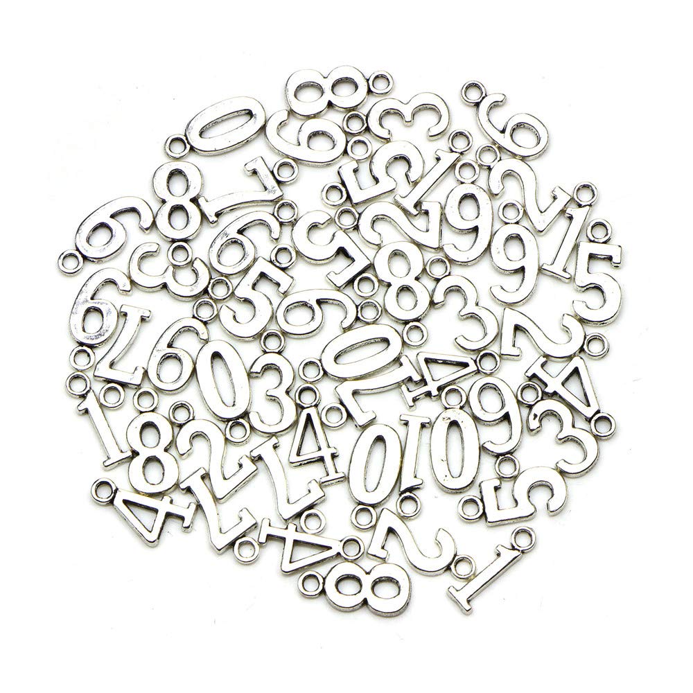 Numbers Pendant Charms, 50pcs Assorted Tibetan Silver Alloy 0-9 Numbers Jewelry Findings Charm Pendants for Necklace, Bracelets, Earrings