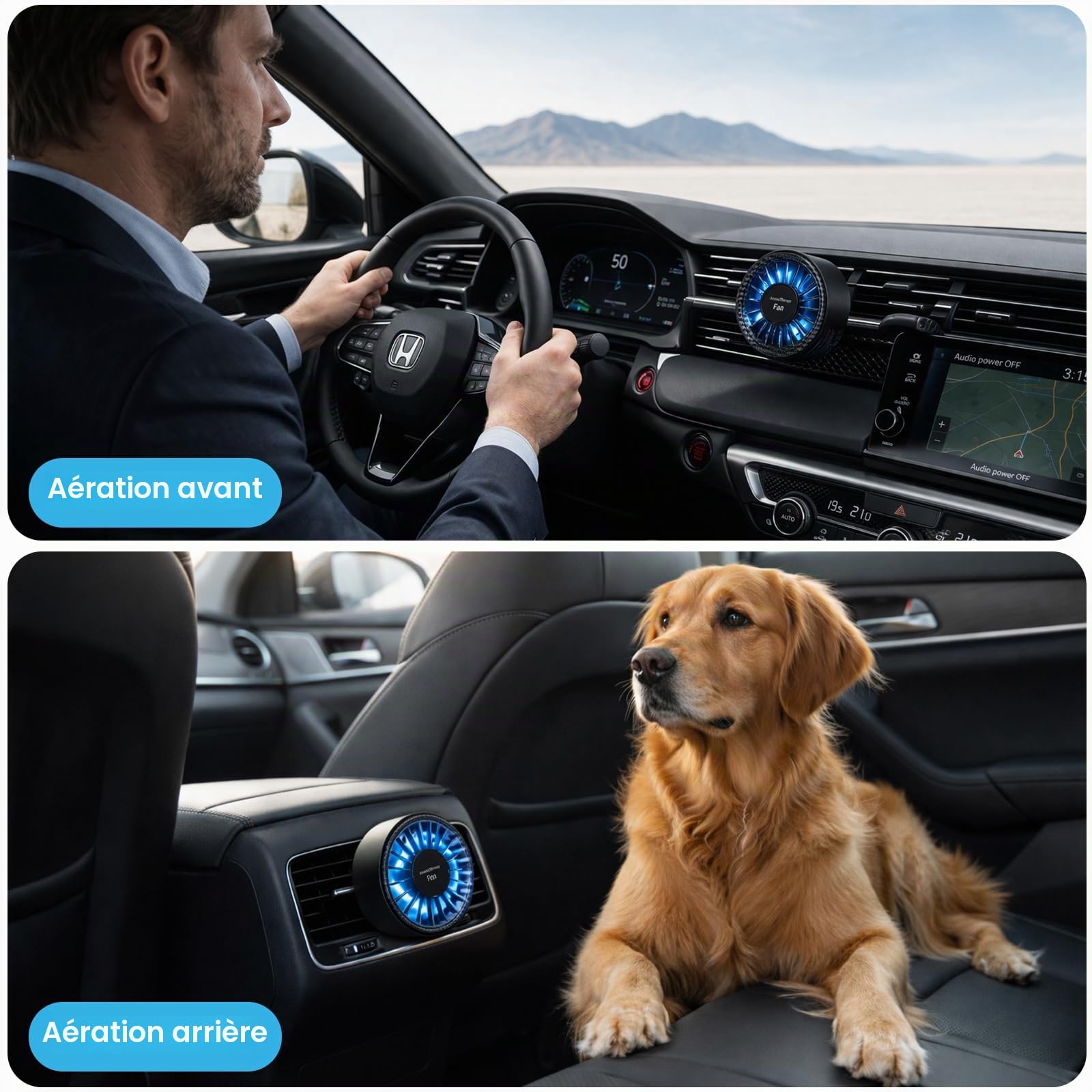 Ventilateur de Voiture USB avec Lumière RGB & 3 Disques de Coton Parfumés, Ventilateur Voiture avec 3 Vitesses, Ventilateur d'air de refroidissement de voiture portable pour camion van SUV