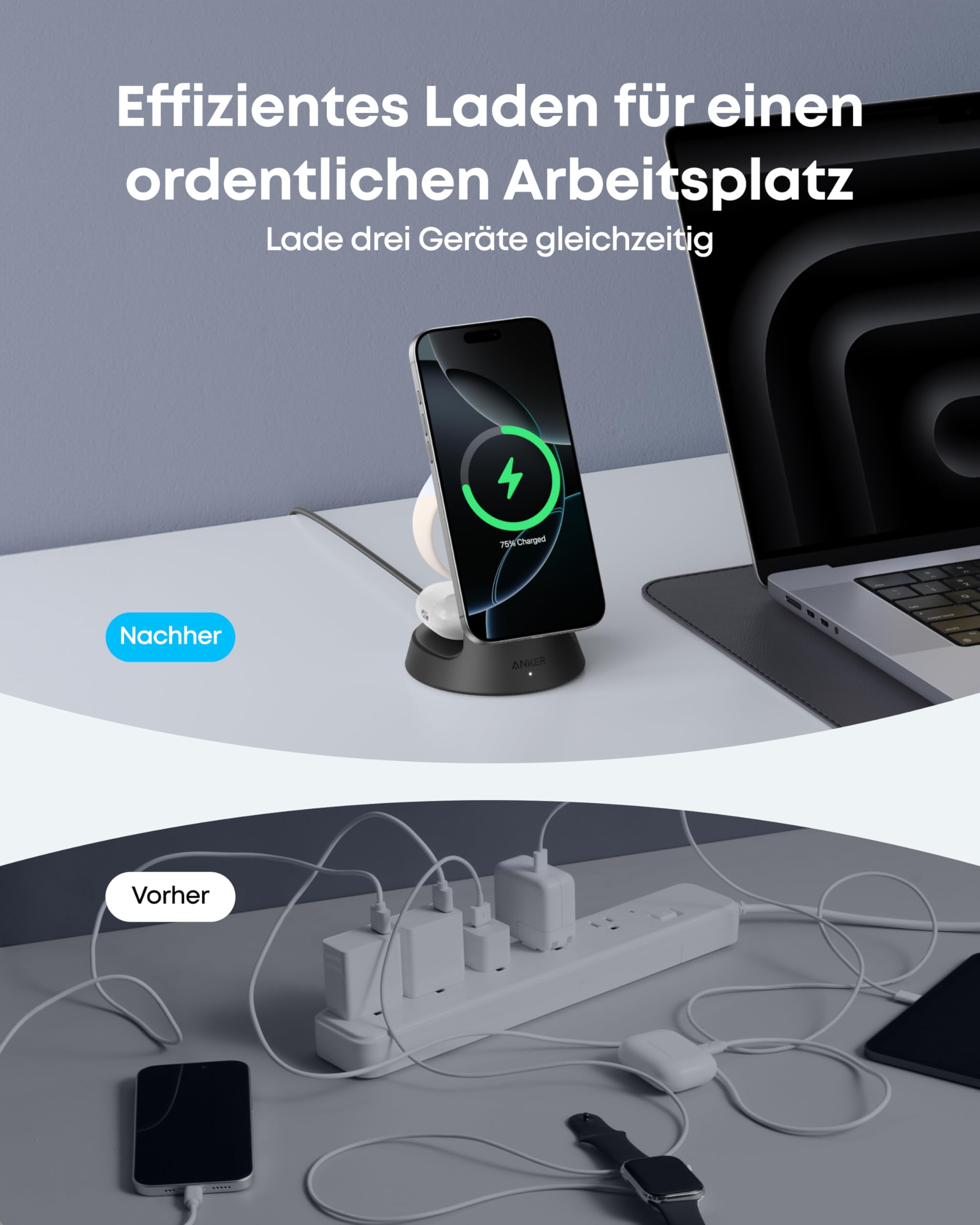 Anker MagGo 3-in-1 15W MagSafe kompatibles Ladegerät, iPhone Induktive Ladestation, Qi2-zertifiziert Wireless Charger für iPhone 17/16/15/14/13/12, Apple Watch, AirPods Pro und mehr (Adapter inkl.)
