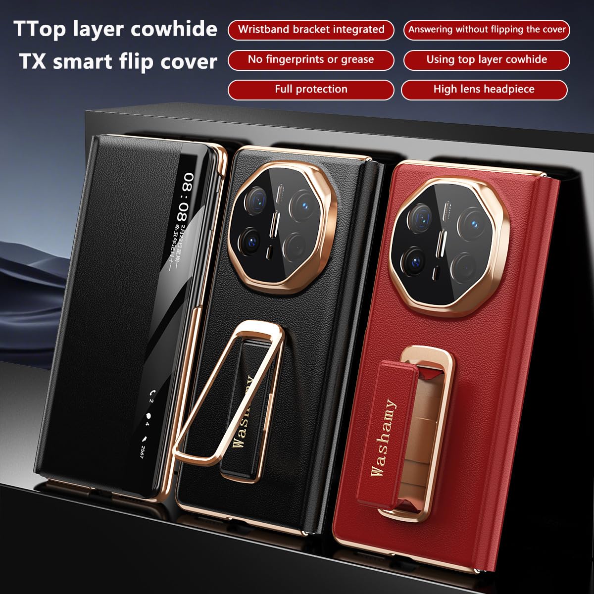 COQUE Inteligentne etui z klapką z prawdziwej skóry do Huawei Mate X6 z obrotowym paskiem na nadgarstek i stojakiem pod wieloma kątami do Huawei Mate X6-fioletowy