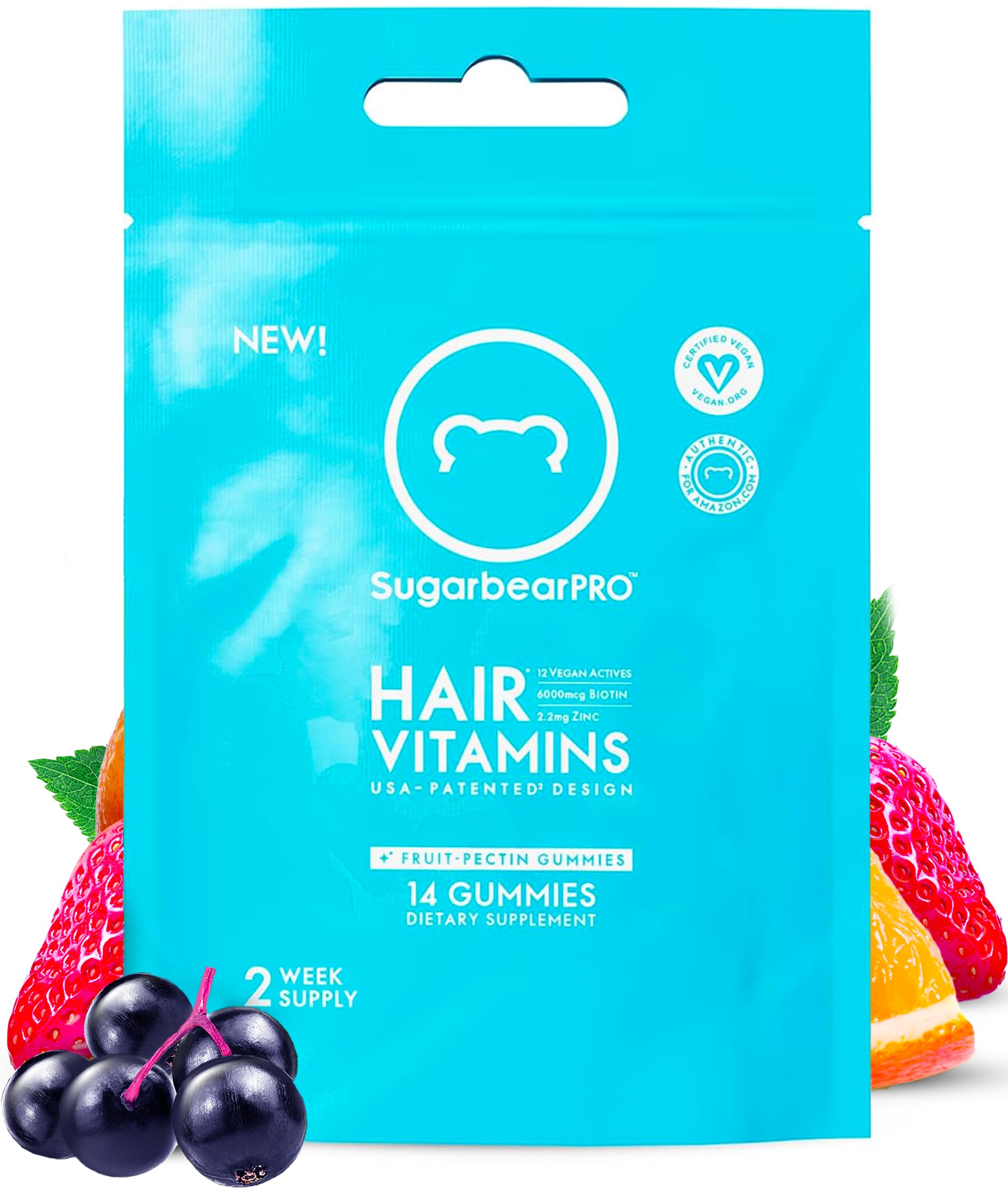 SugarBearPro Hair Vitamin Gummy 14 Day Supply Extra Strength Biotin 6000mcg, Growth for Men & Women, Vegan Vitamin B12, MSM, Inositol, Omega 3, Elderberry, Certified Kosher, Halal, Cruelty-Free