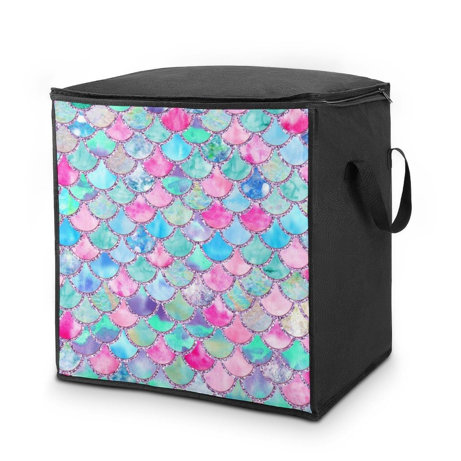 Lyfthologen 70L Storage Bags, Rainbow Watercolor Scales of Mermaid Storage Box with Lid Zipper And Handles, Clothes Bags for Quilt, Blankets, Bedding