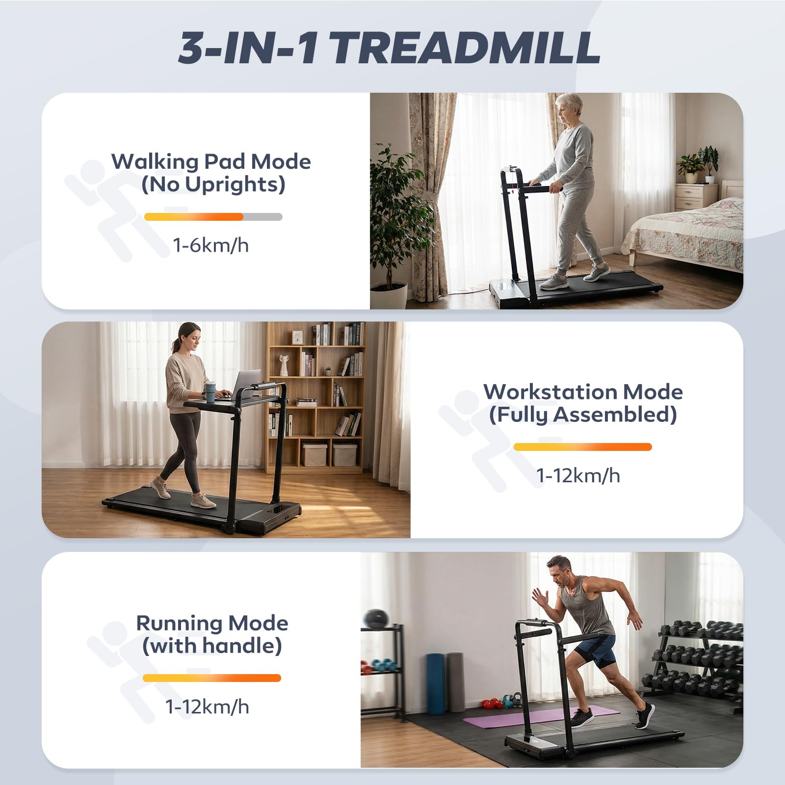 Drgymlee 3 w 1 Walking Pad z nachyleniem 7%, składana bieżnia pod biurko do domu i biura, bieżnia 1–12 km/h z regulowanym uchwytem i zdejmowanym stolikiem roboczym, cichy silnik 2.5HP