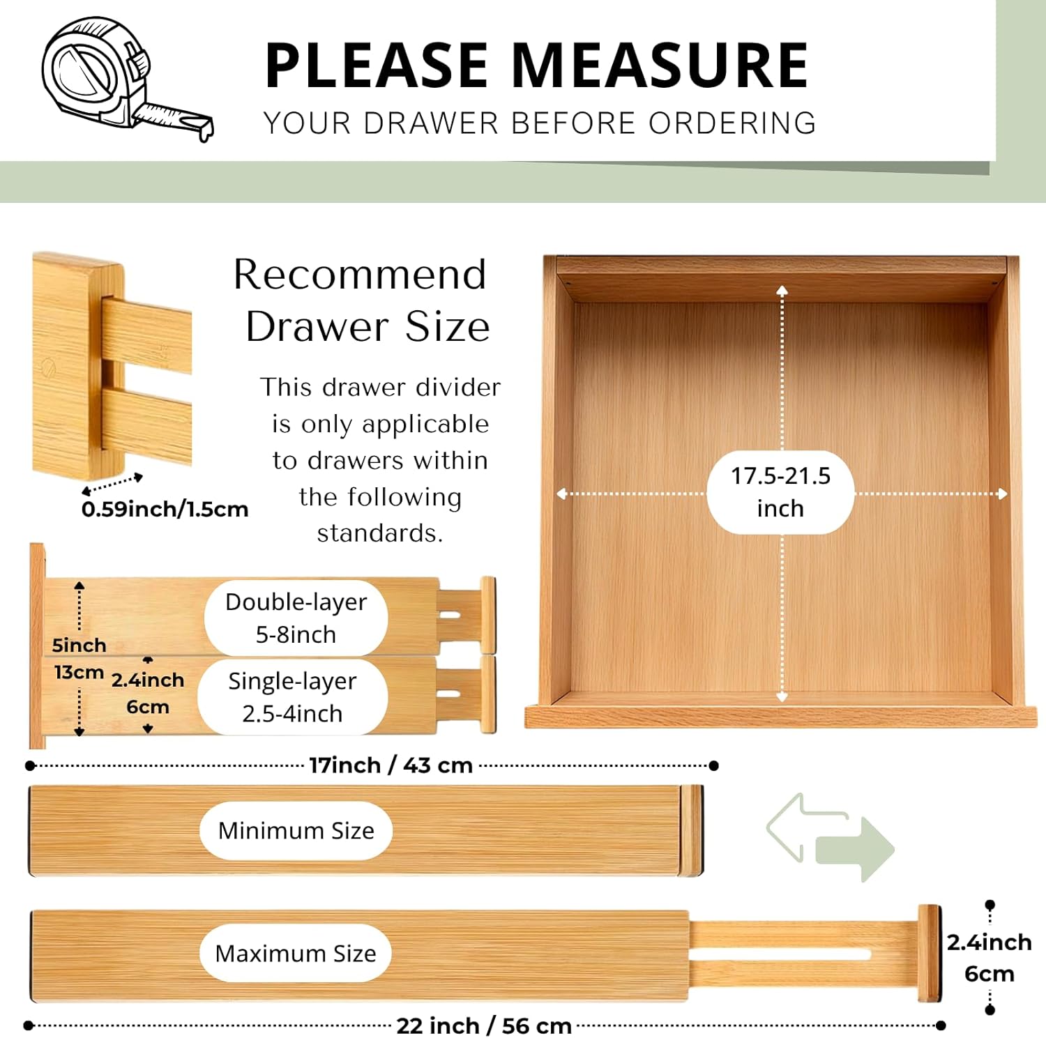6-Pack Bamboo Drawer Dividers Organizer – Expandable 17''-22'' Kitchen & Clothing Storage for Deeper drawers of Dresser, Bedroom, Kitchen, Office
