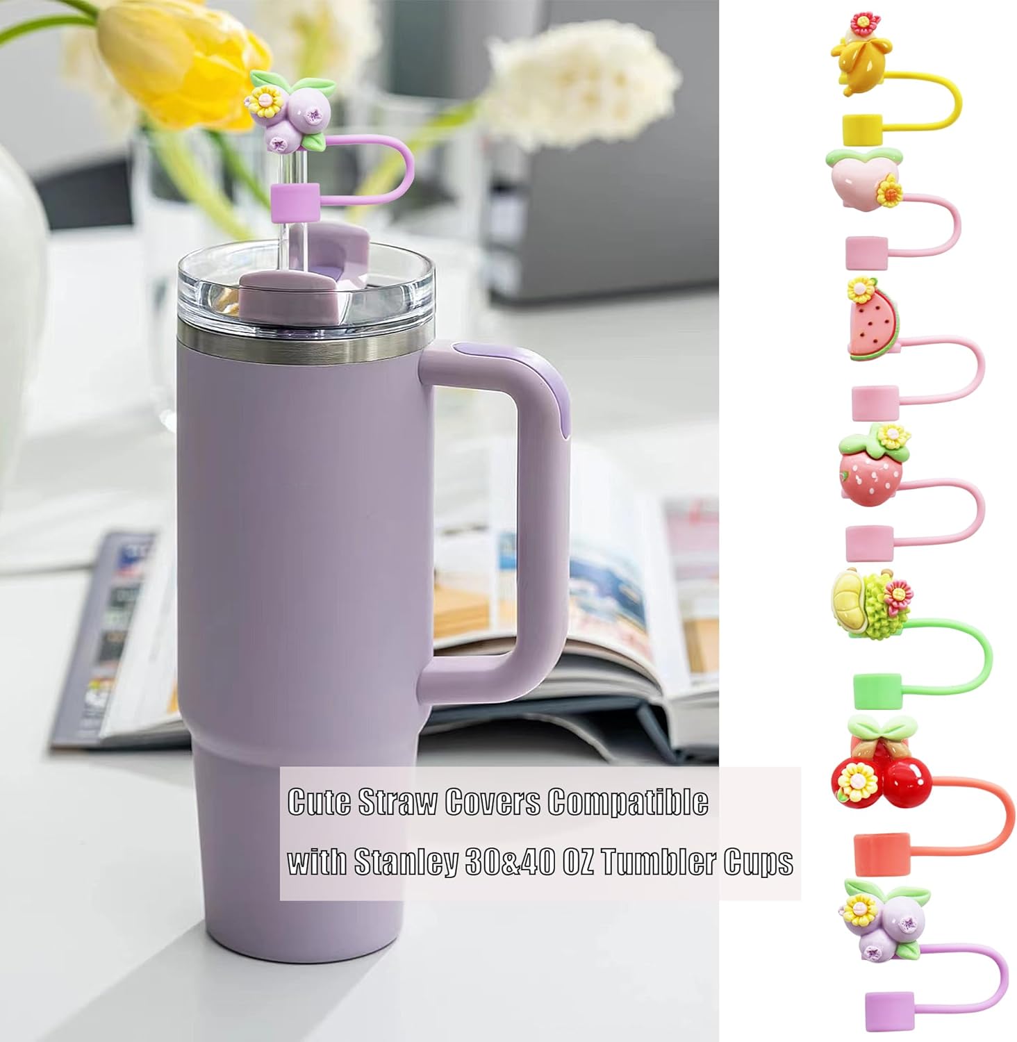 7Pcs 10mm Flower Fruit Straw Cover for Stanley Cup,Dust-Proof Straw Topper for 30&40 oz Tumblers and Water Bottles,Reusable Tumbler Cup Accessories for Stanley,Funny Gifts for Women & Girls - Image 4