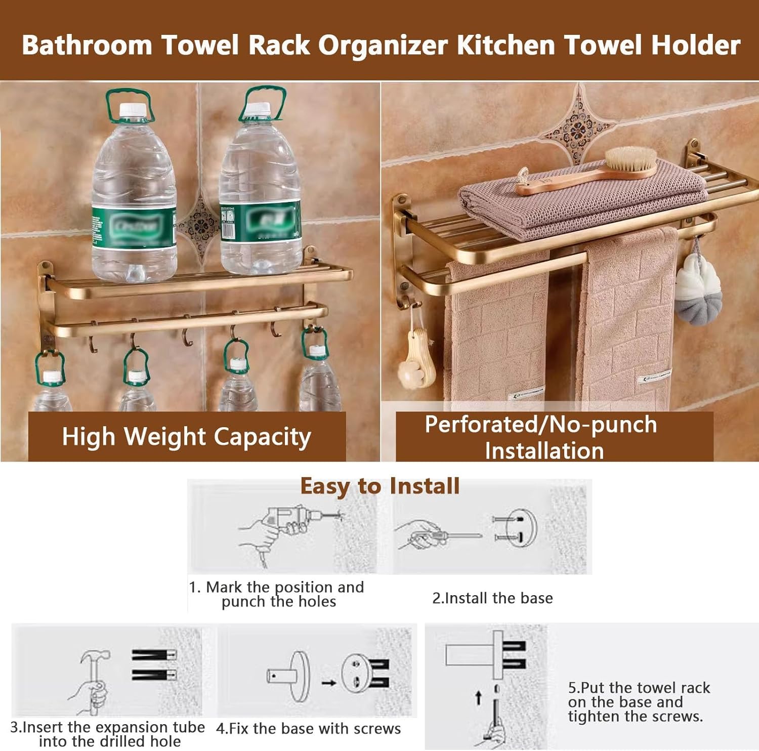 Antique Bronze Towel Racks for Bathroom Lavatory,Wall Mounted Hand Towel Holder with Towel Bar and Hooks,Foldable Towel Shelf Rustproof Aluminium Towel Hanger,Bathroom Kitchen Hardware Acces