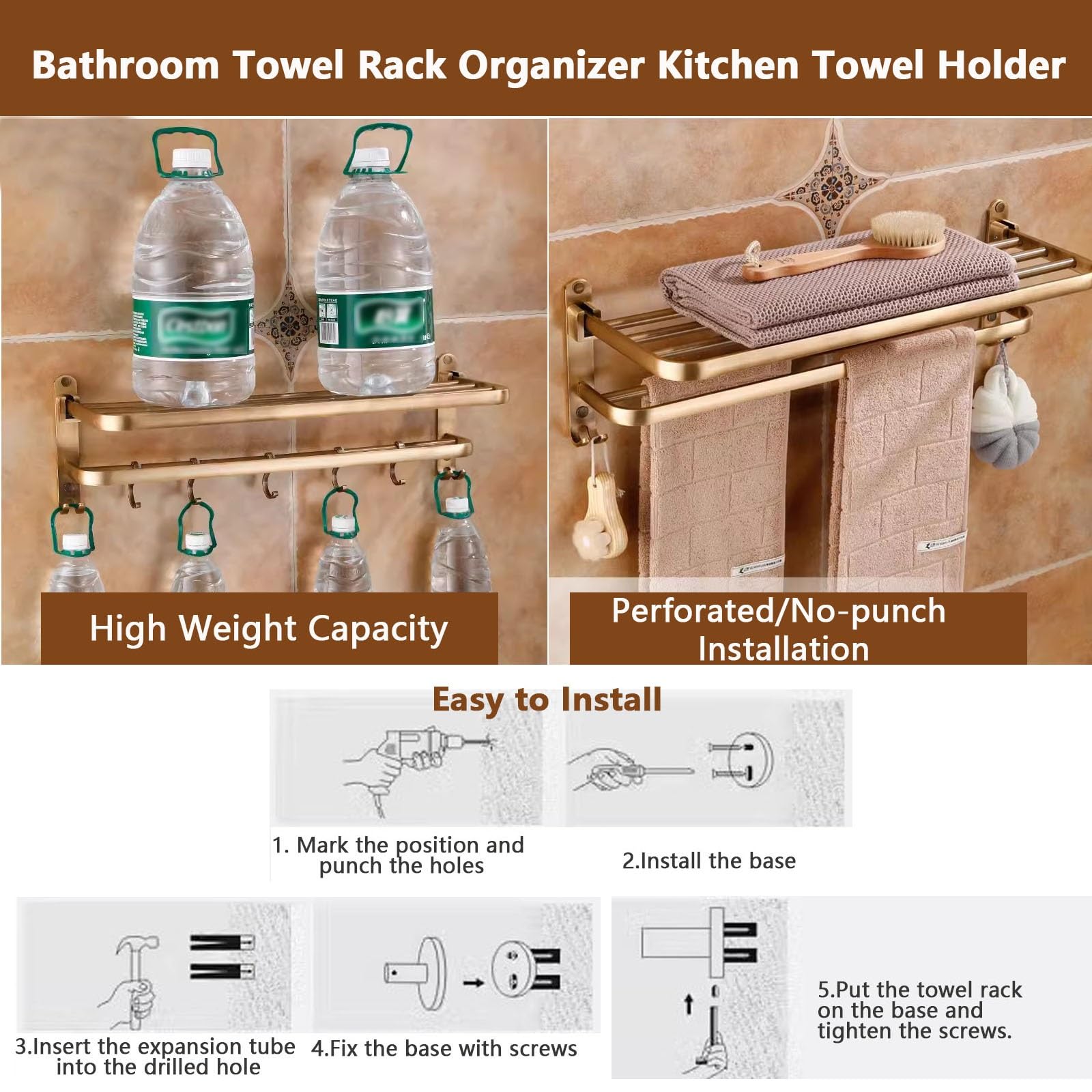 Toalleros de Bronce Antiguo para Lavabo de baño, Soporte para Toallas de Mano montado en la Pared con Barra de Toalla y Ganchos, Estante Plegable para Toallas, Colgador de Toallas de alumini